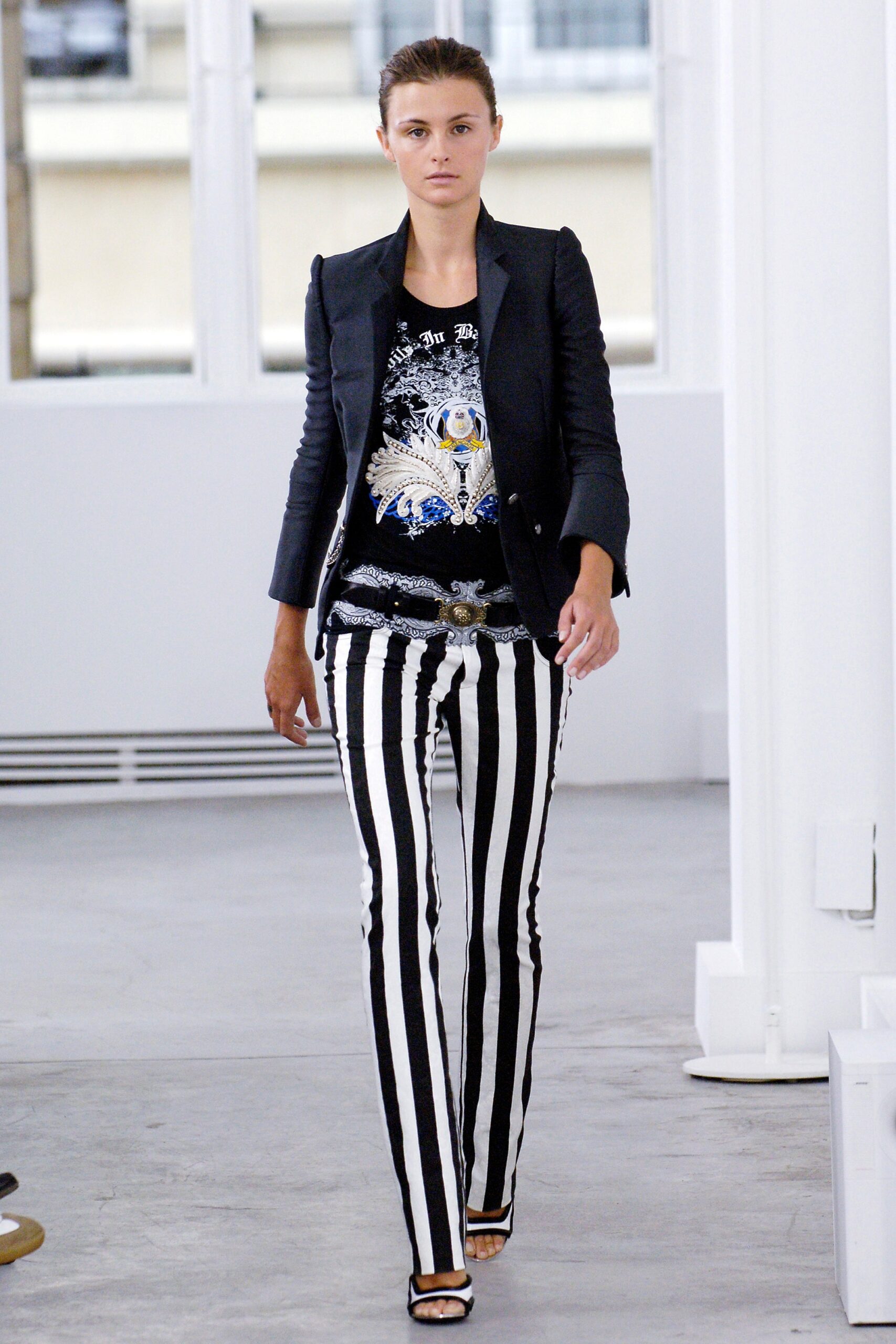 black blazer with striped pants