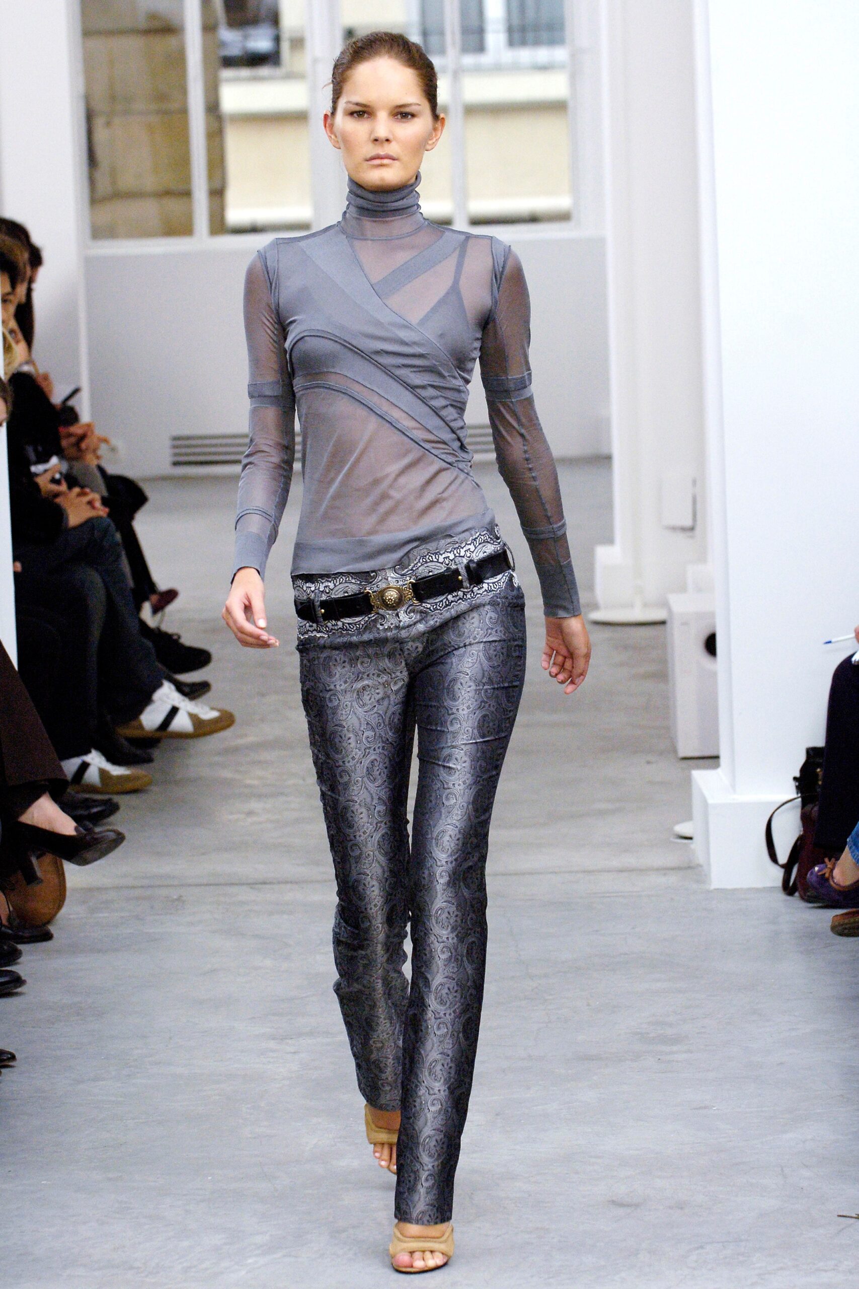gray mesh long-sleeve high-neck fitted draped sheer top