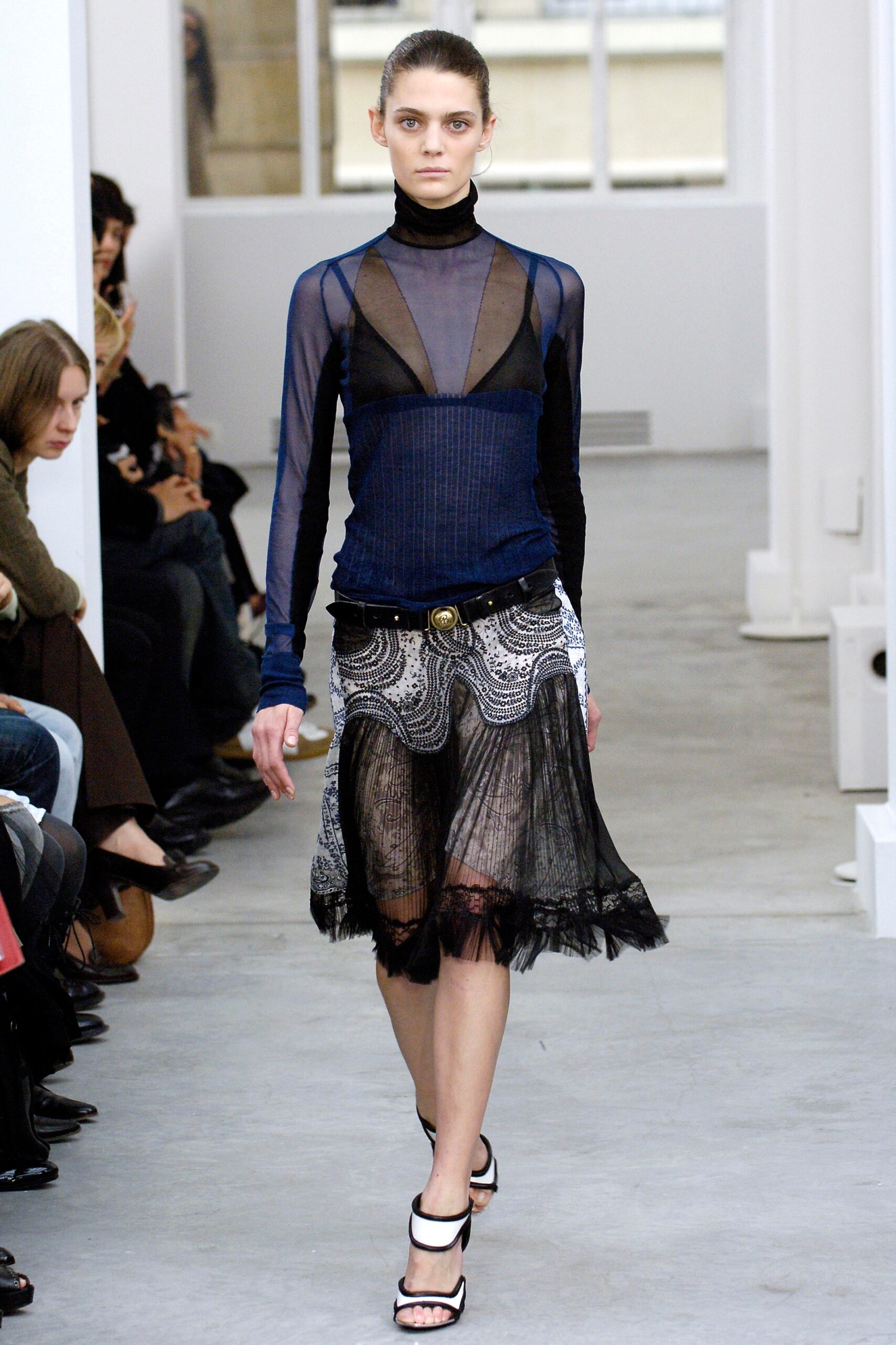 black silk long-sleeve v-neck fitted layered sheer top