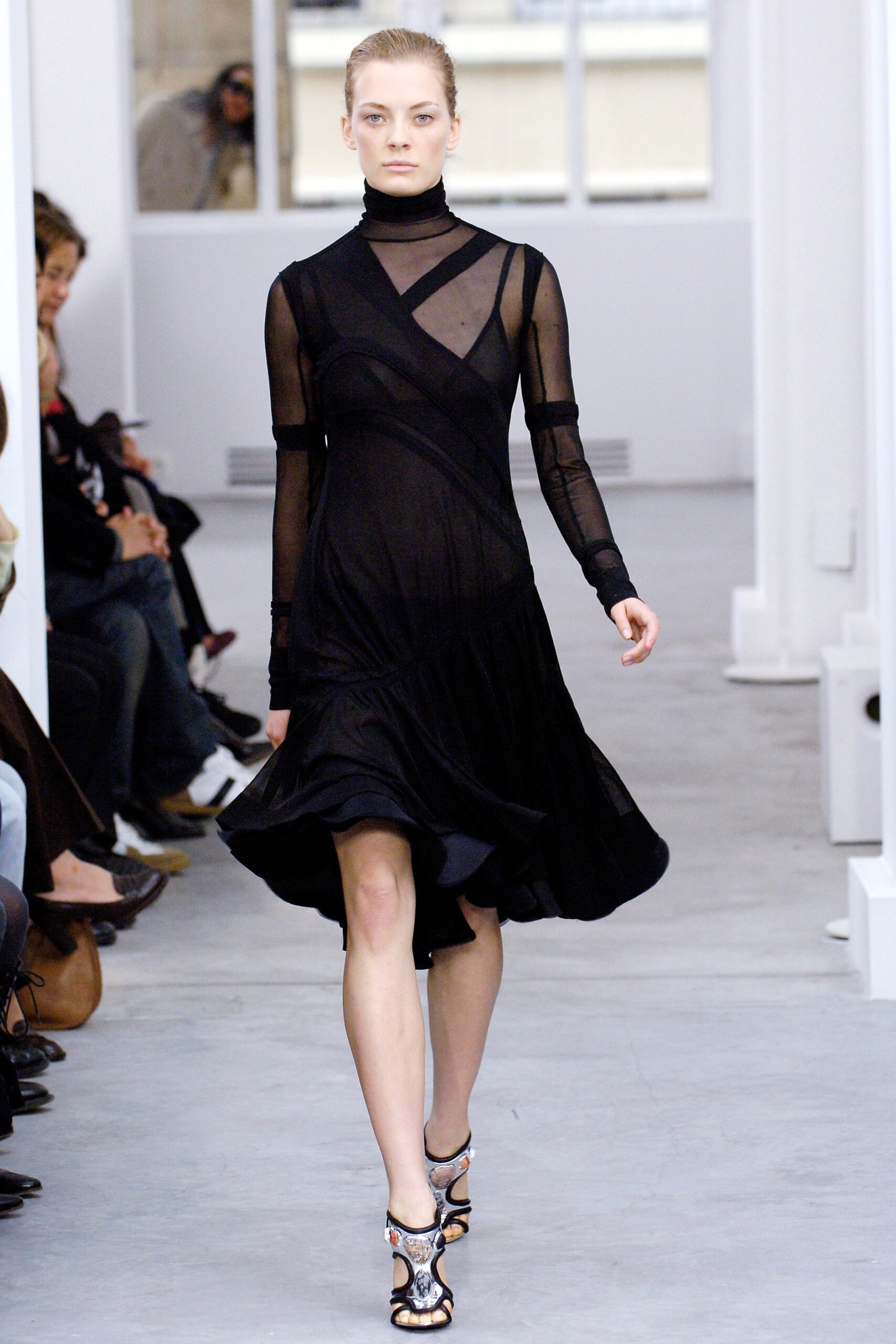 black sheer draped midi dress