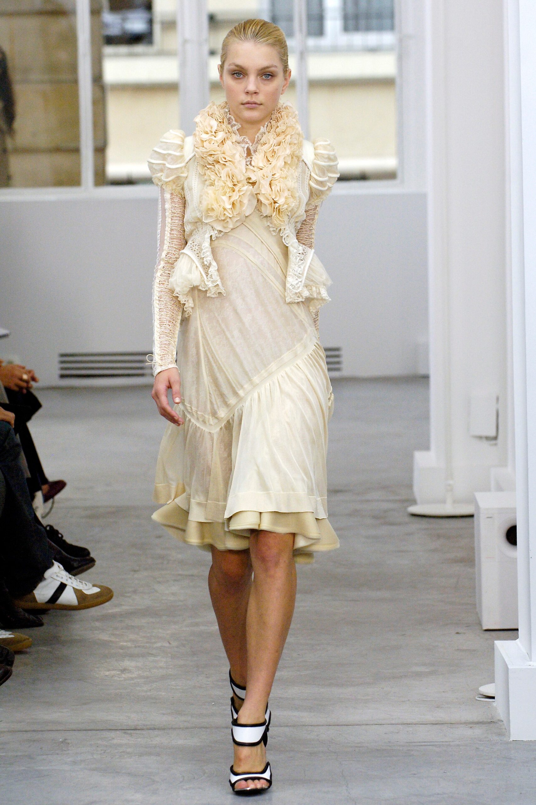 beige silk sleeveless v-neck fitted ruffled layered dress