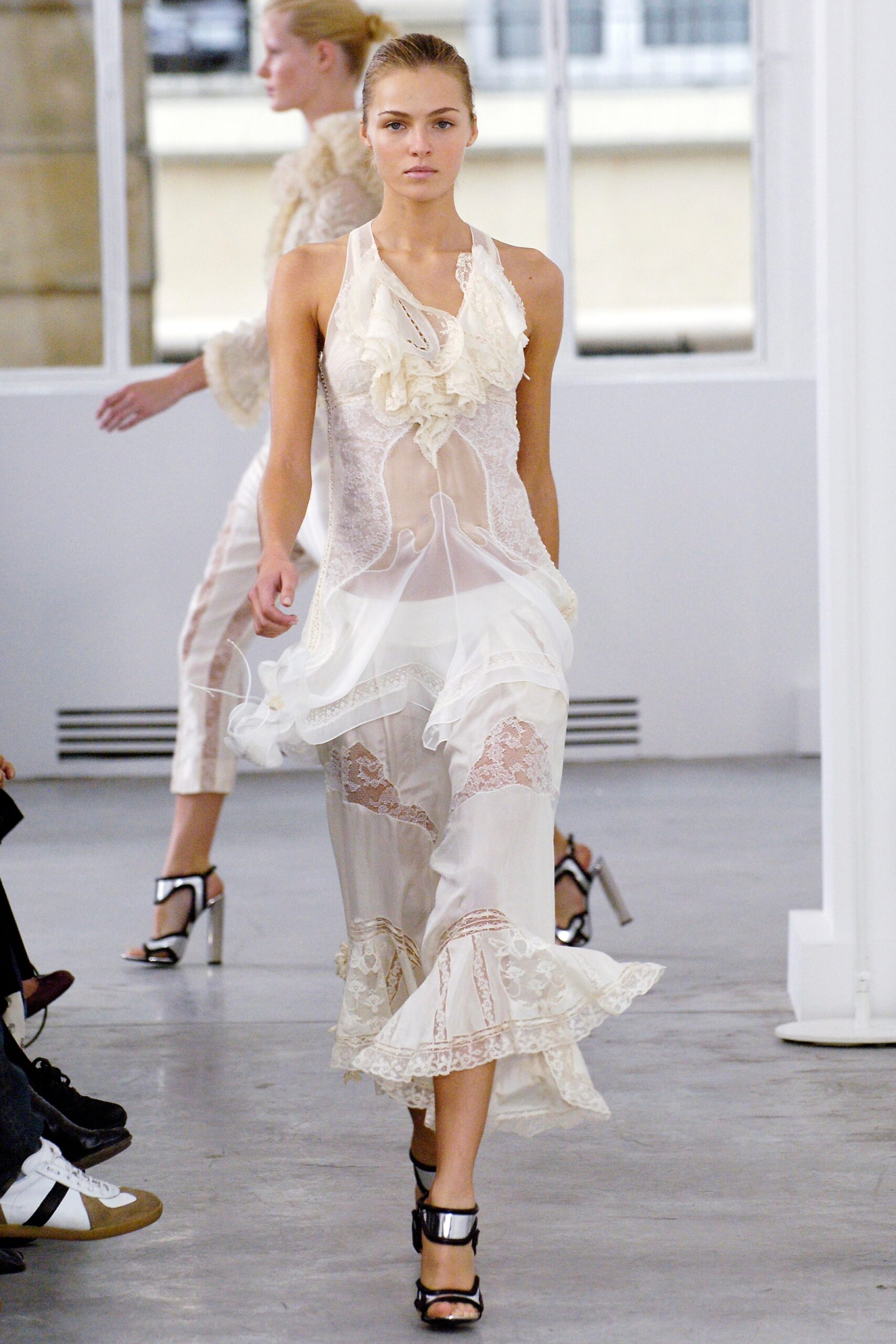 white silk lace ruffled dress