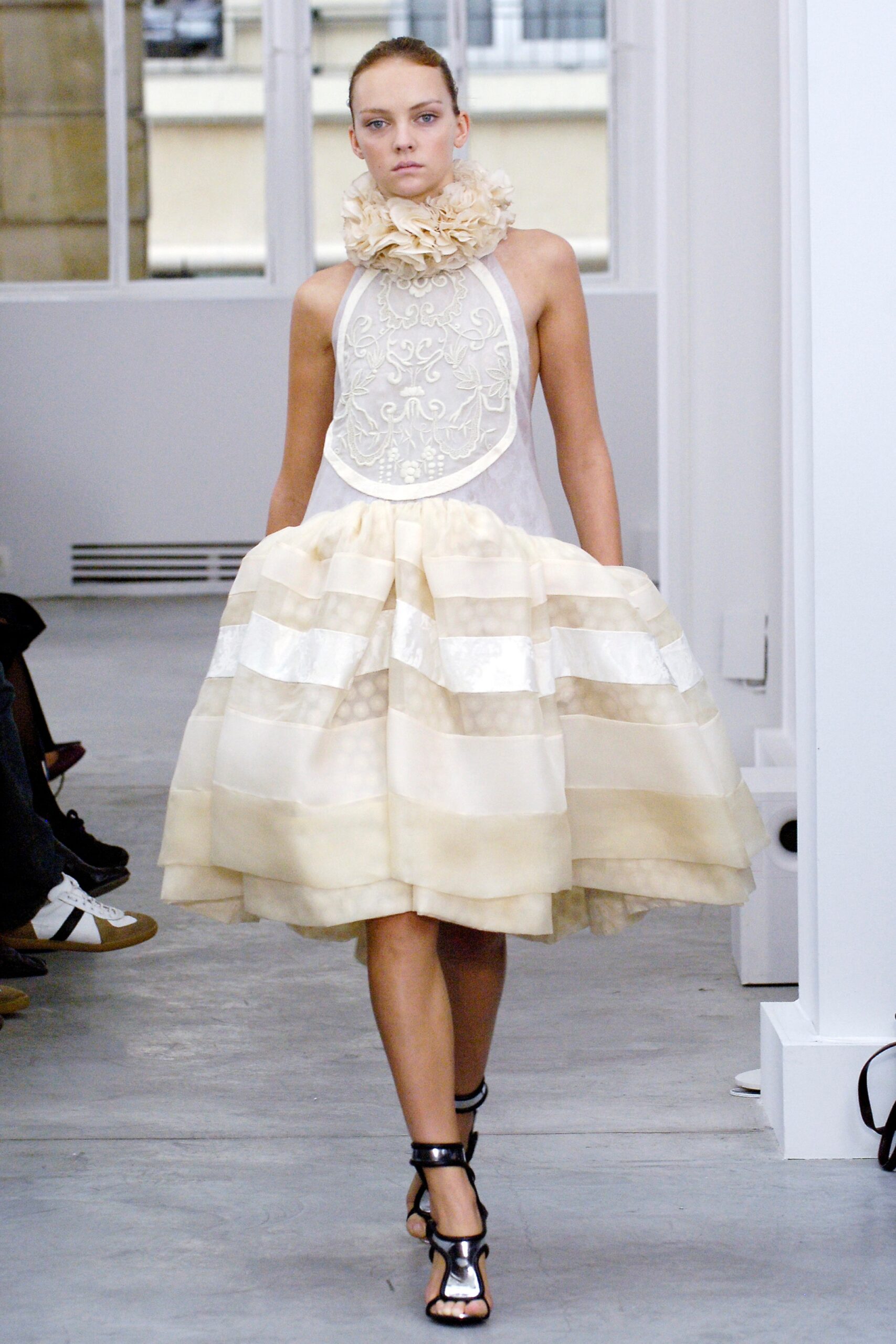 white and beige pleated dress