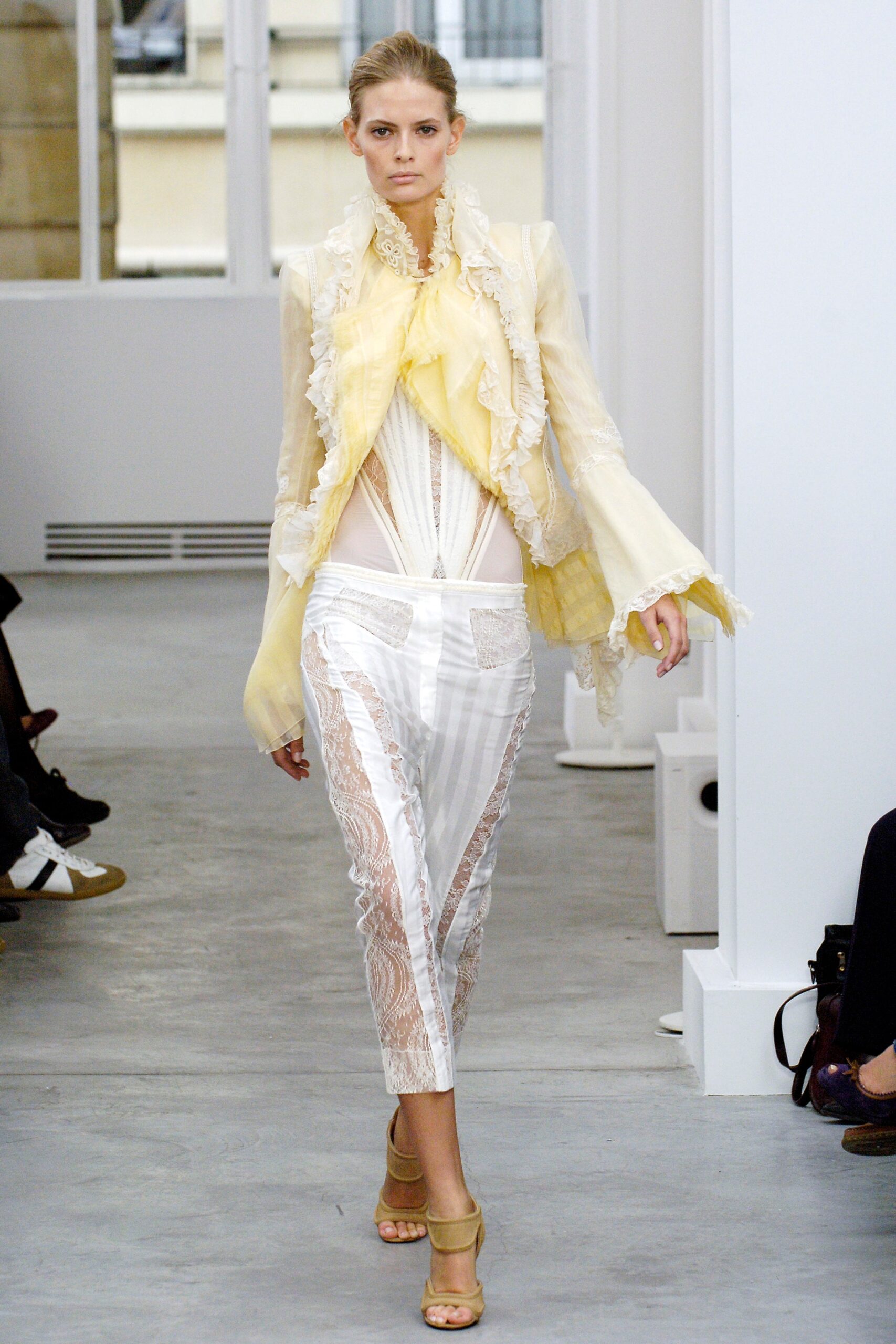 white lace fitted straight-leg sheer pants