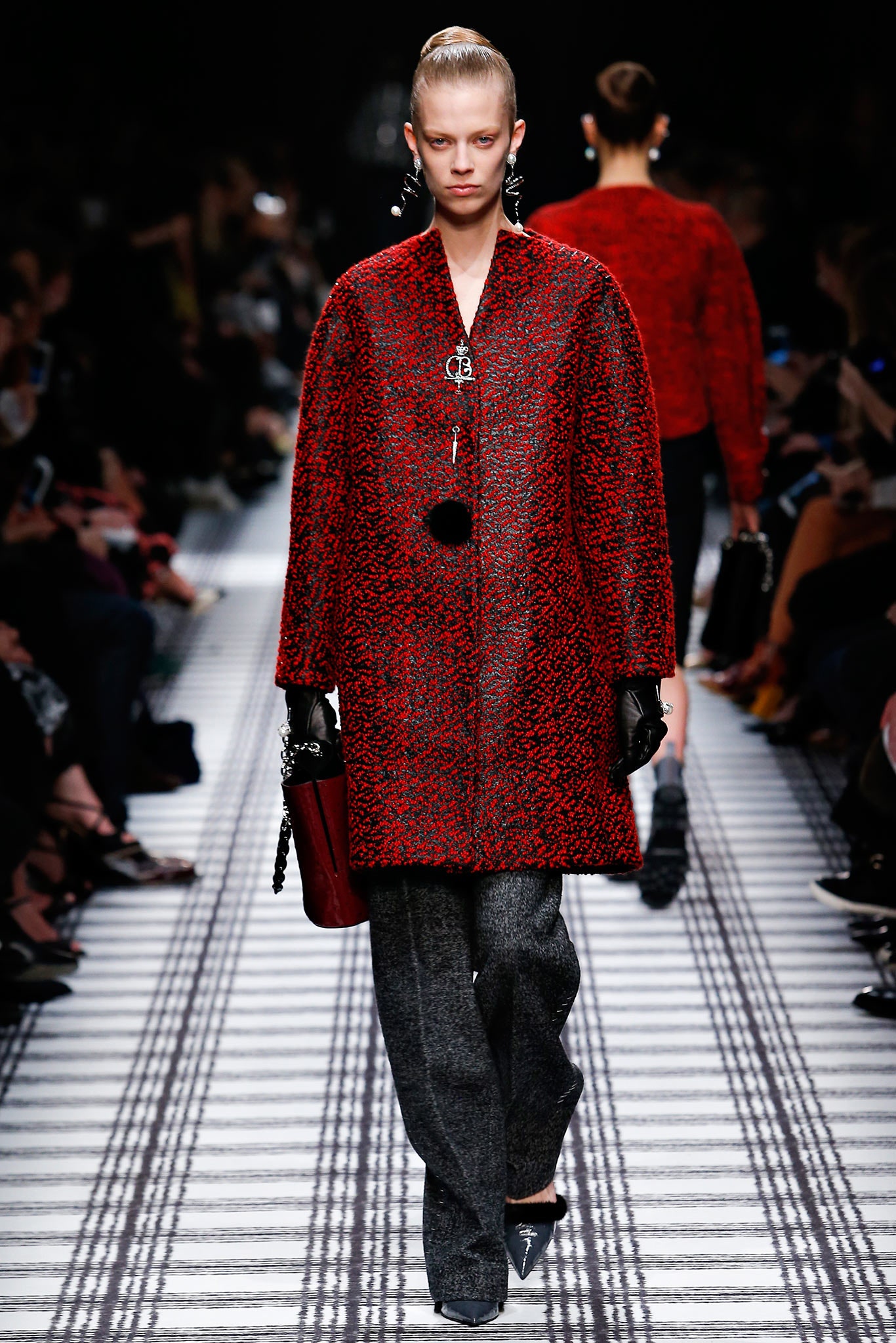 red and black wool coat with gray pants