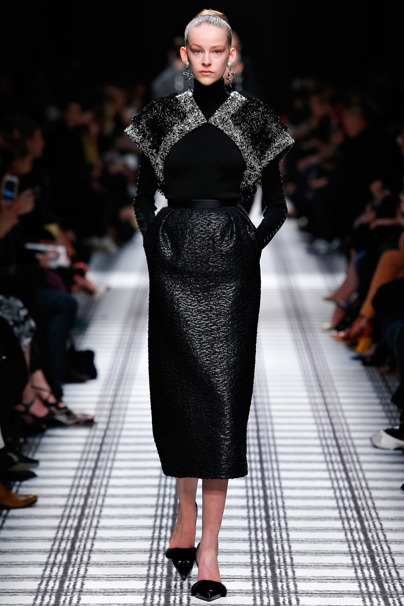 black silk fitted midi dress with cape