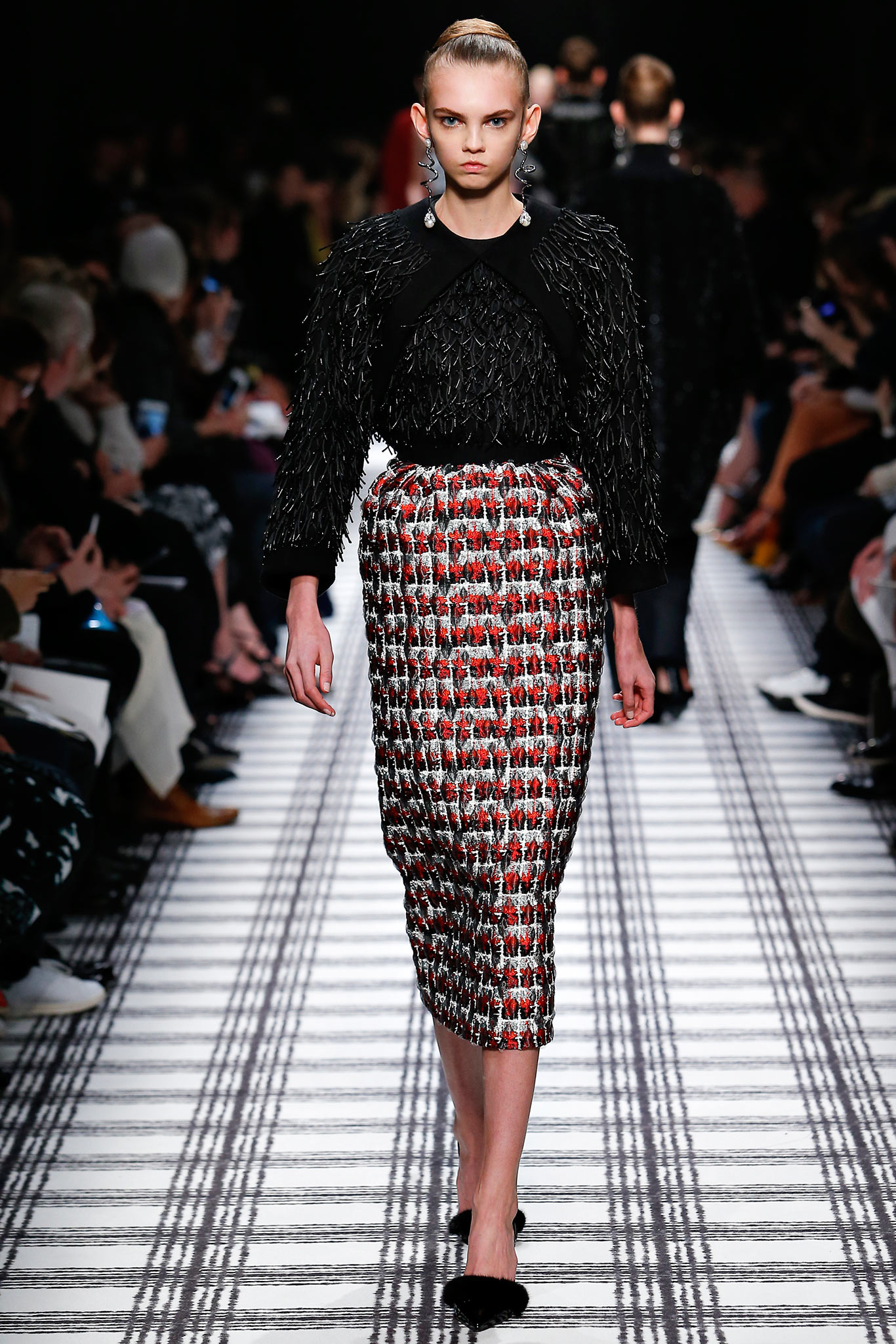 black fringed top and pencil skirt