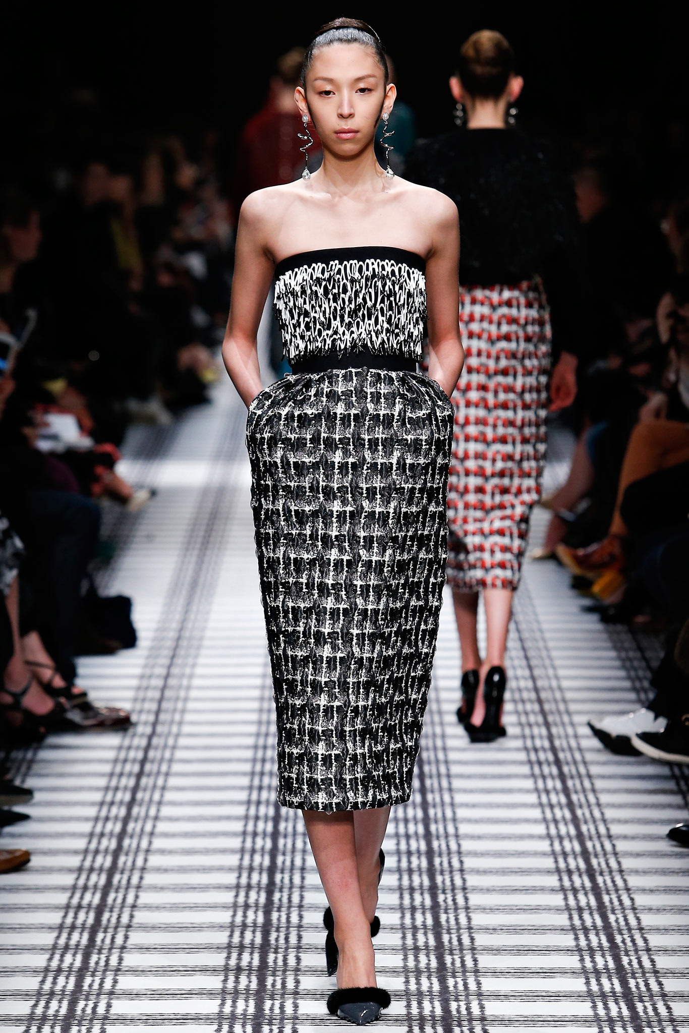 black and white strapless midi dress
