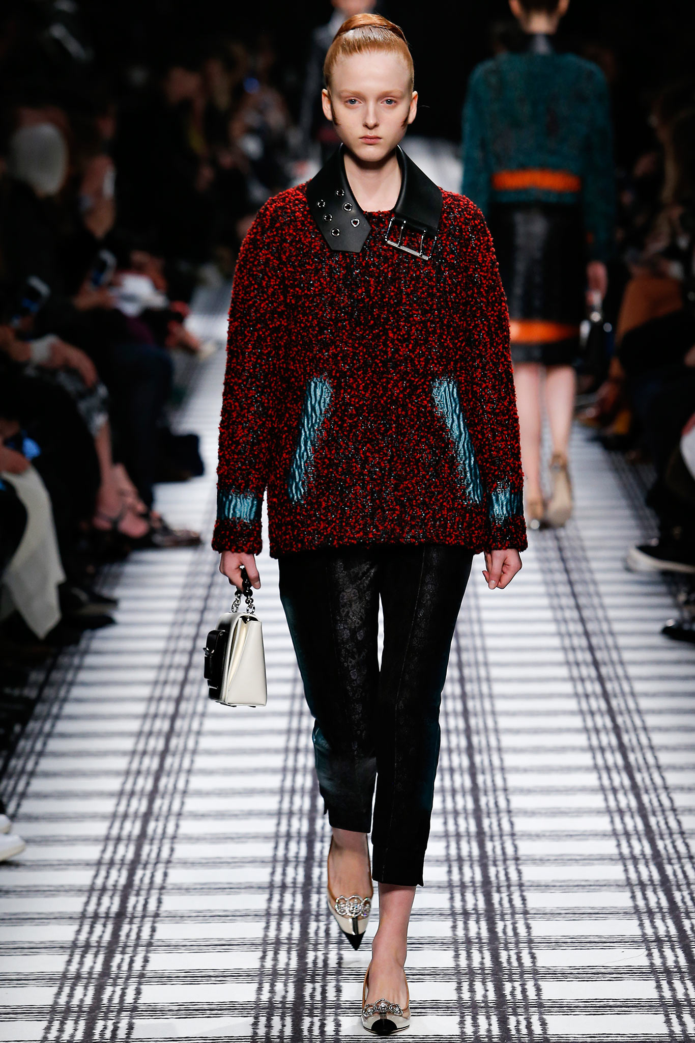 red wool relaxed jacket with black leather pants