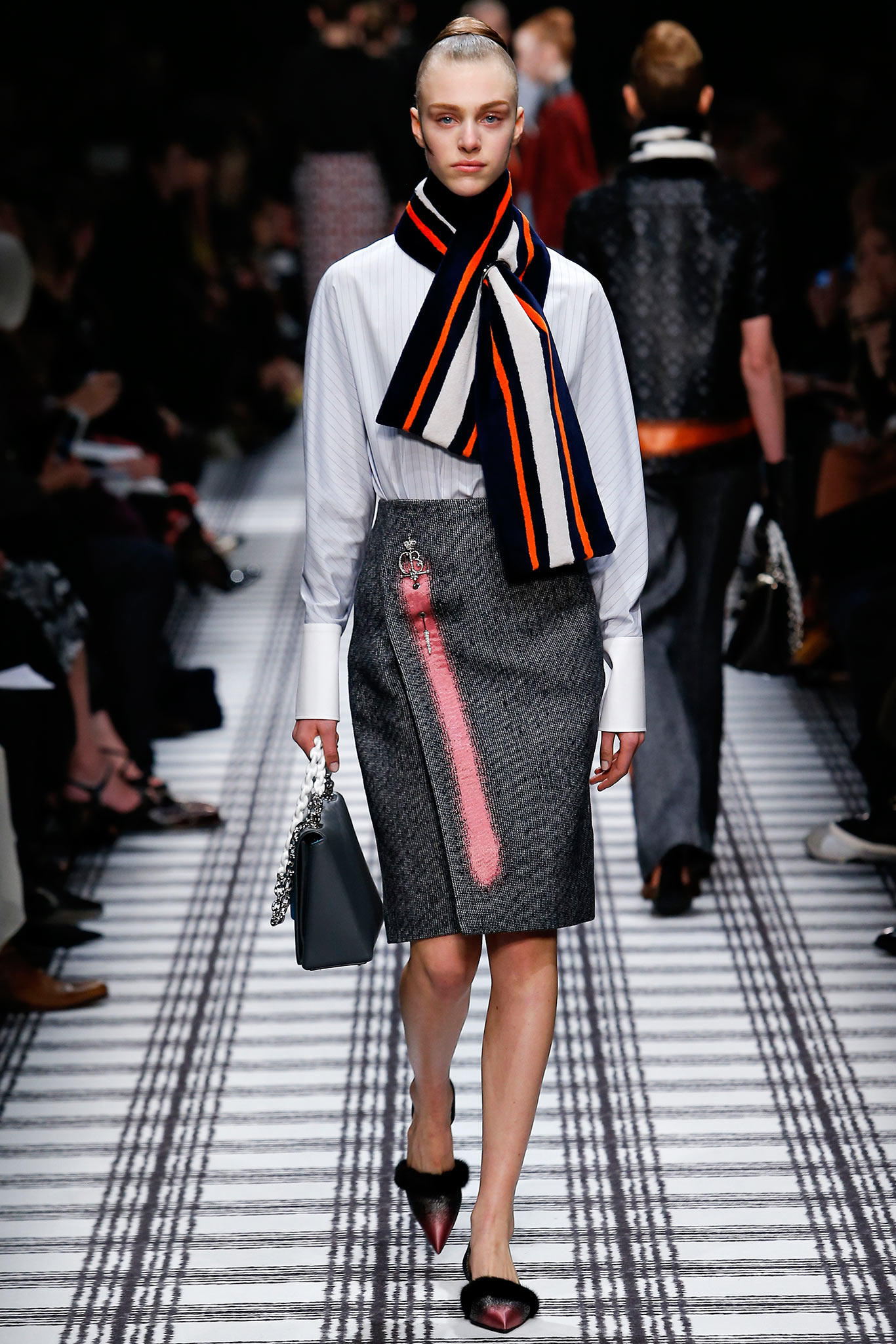 white fitted shirt gray pencil skirt