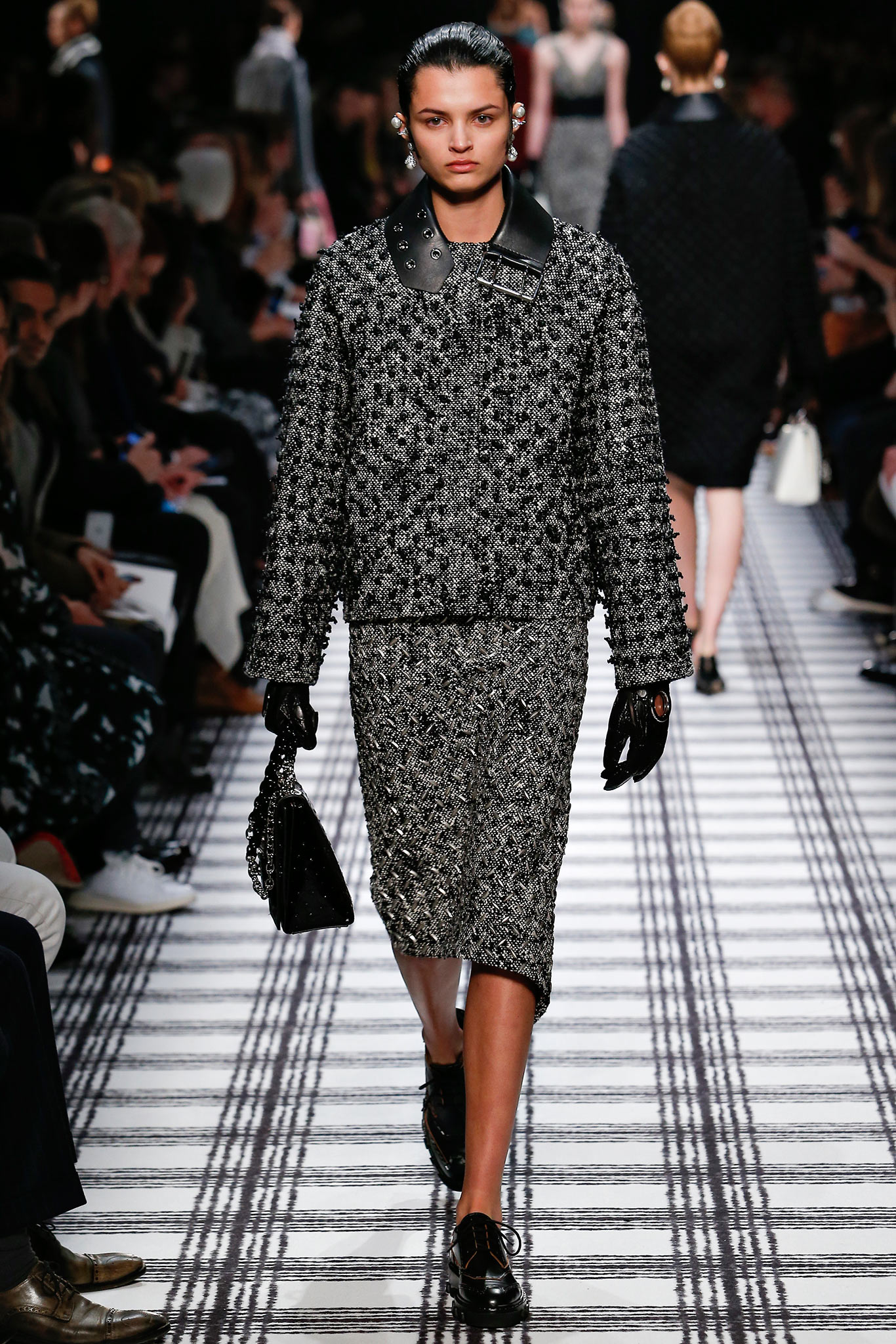 fitted black gray wool jacket and skirt