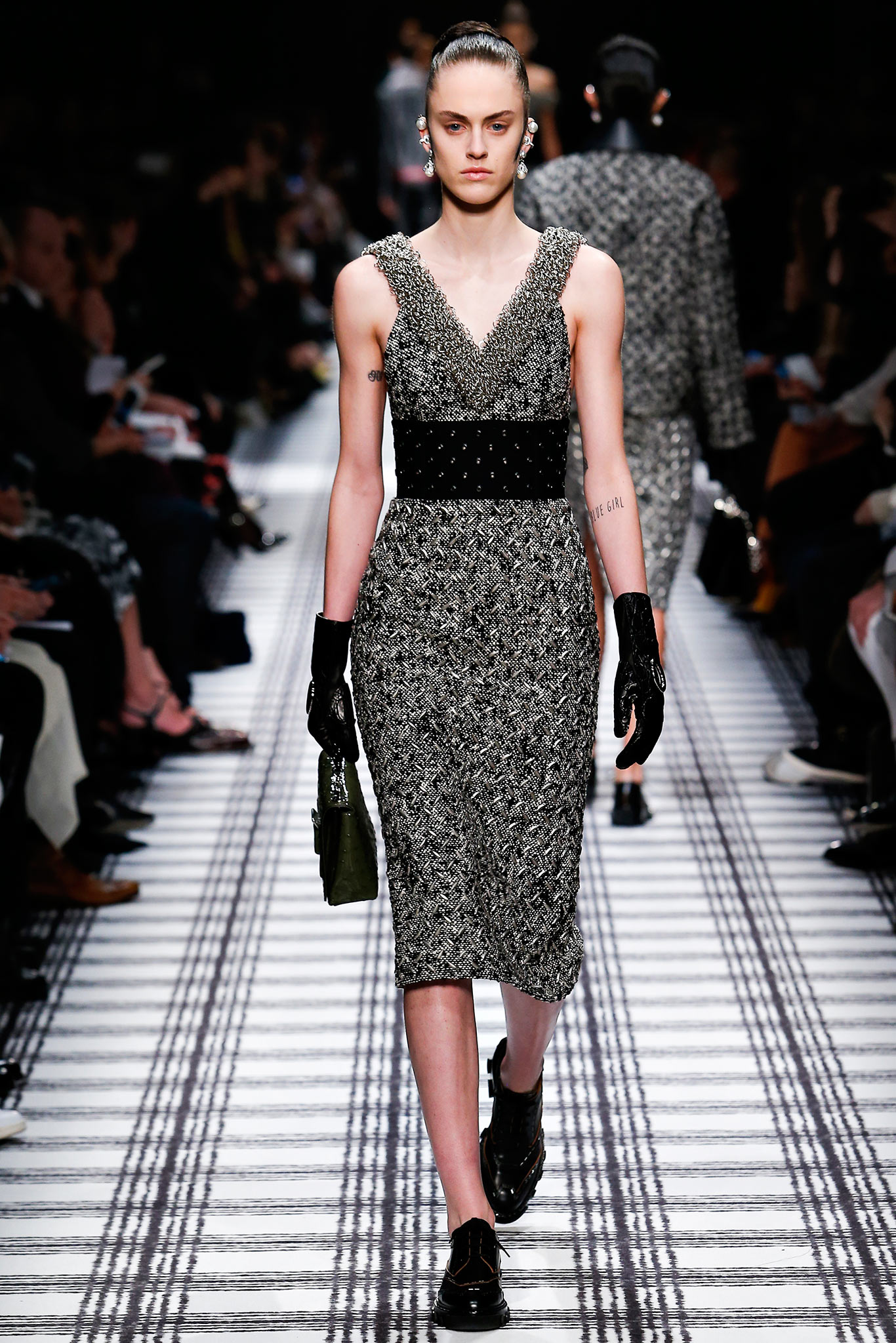 fitted black and gray midi dress