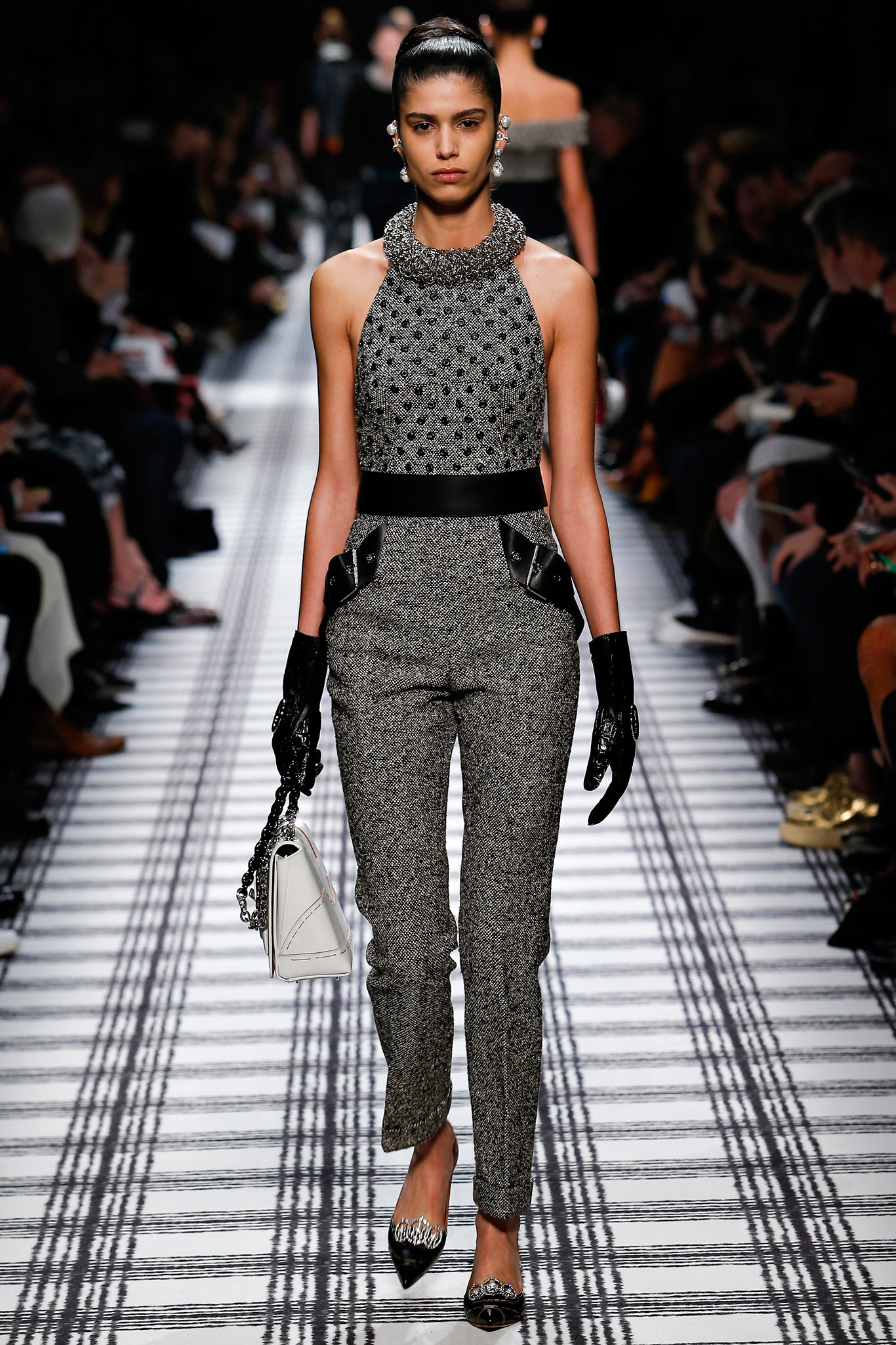 gray tweed fitted jumpsuit