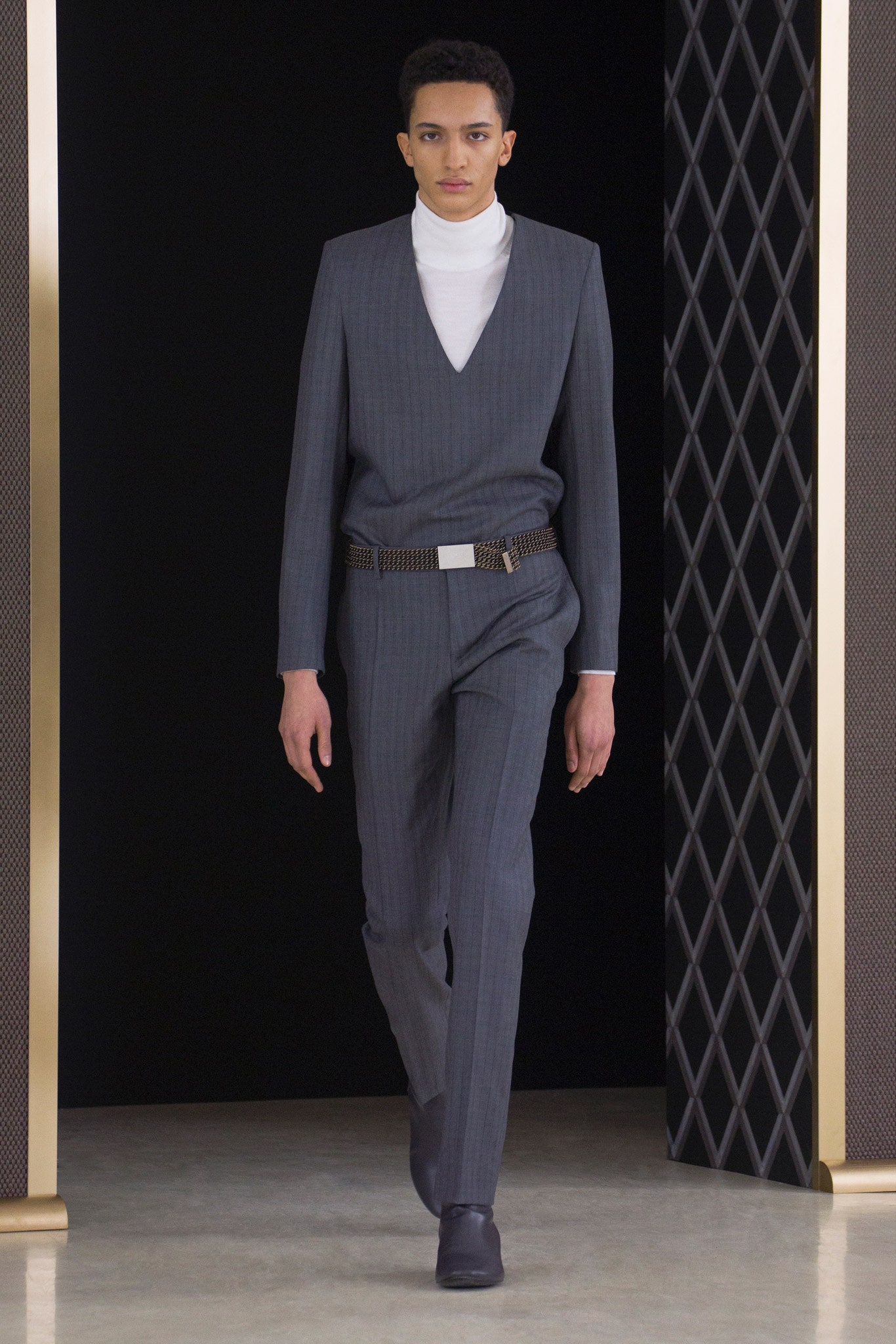 gray tailored suit with turtleneck