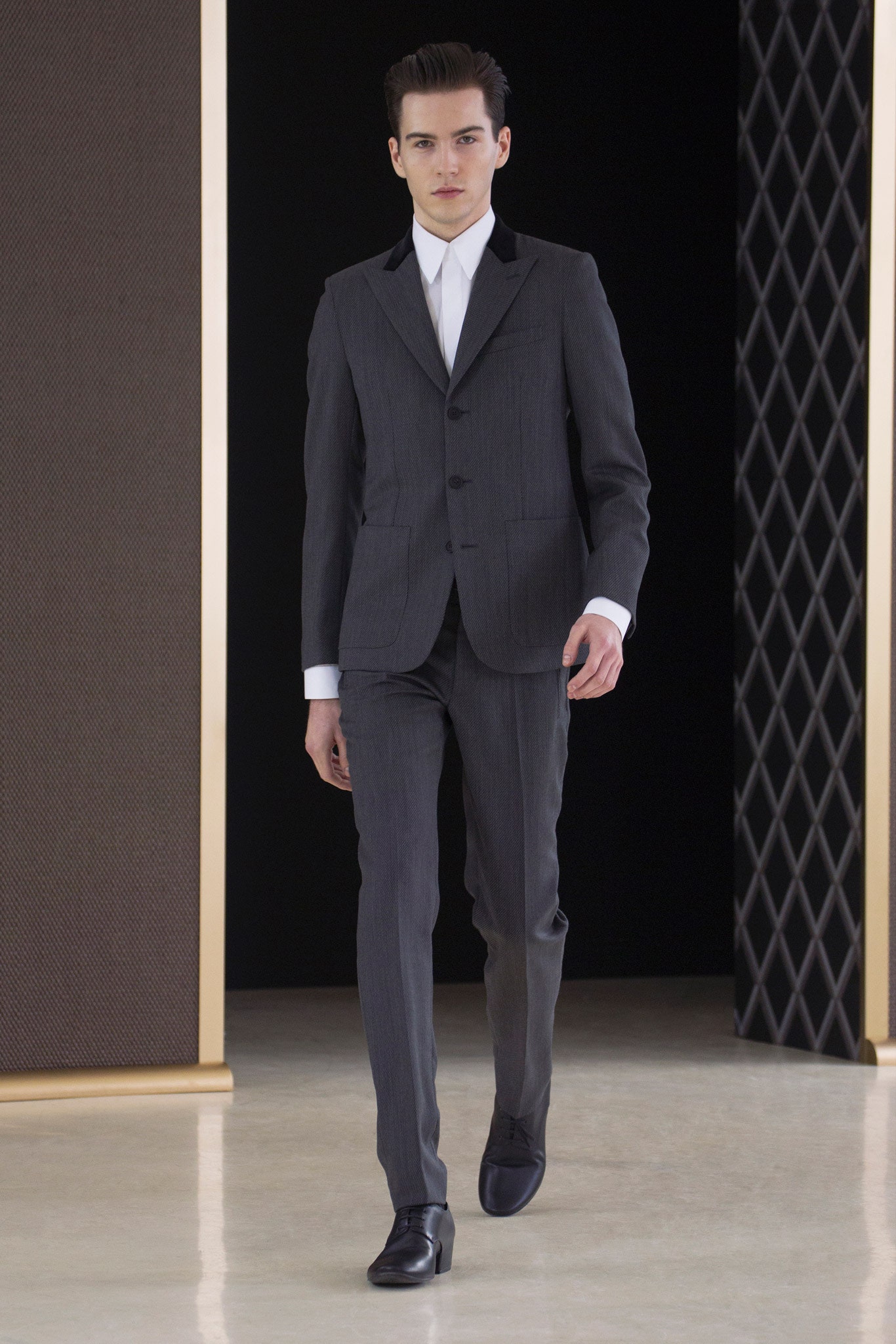 gray tailored suit with white shirt