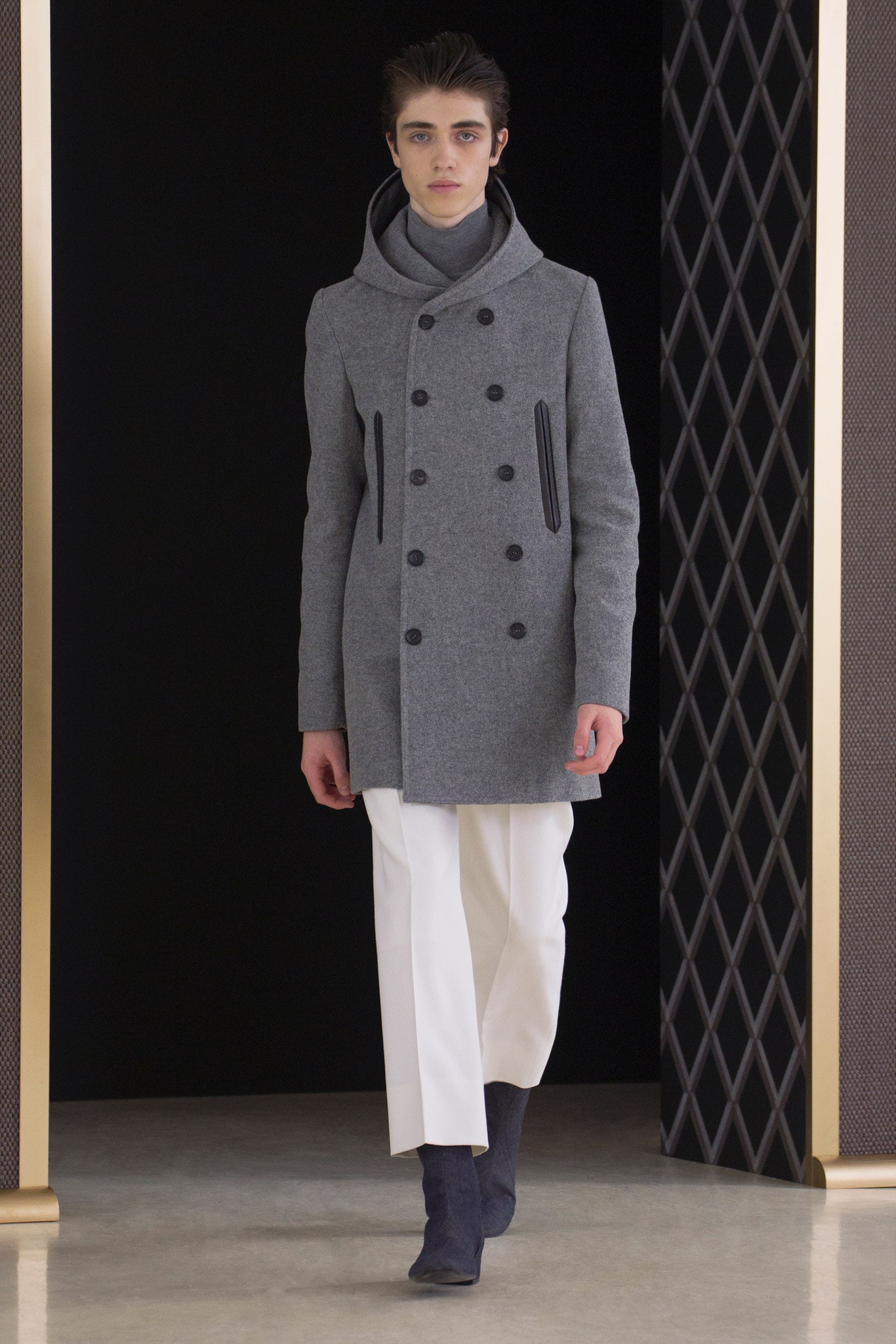 gray wool coat with tailored pants