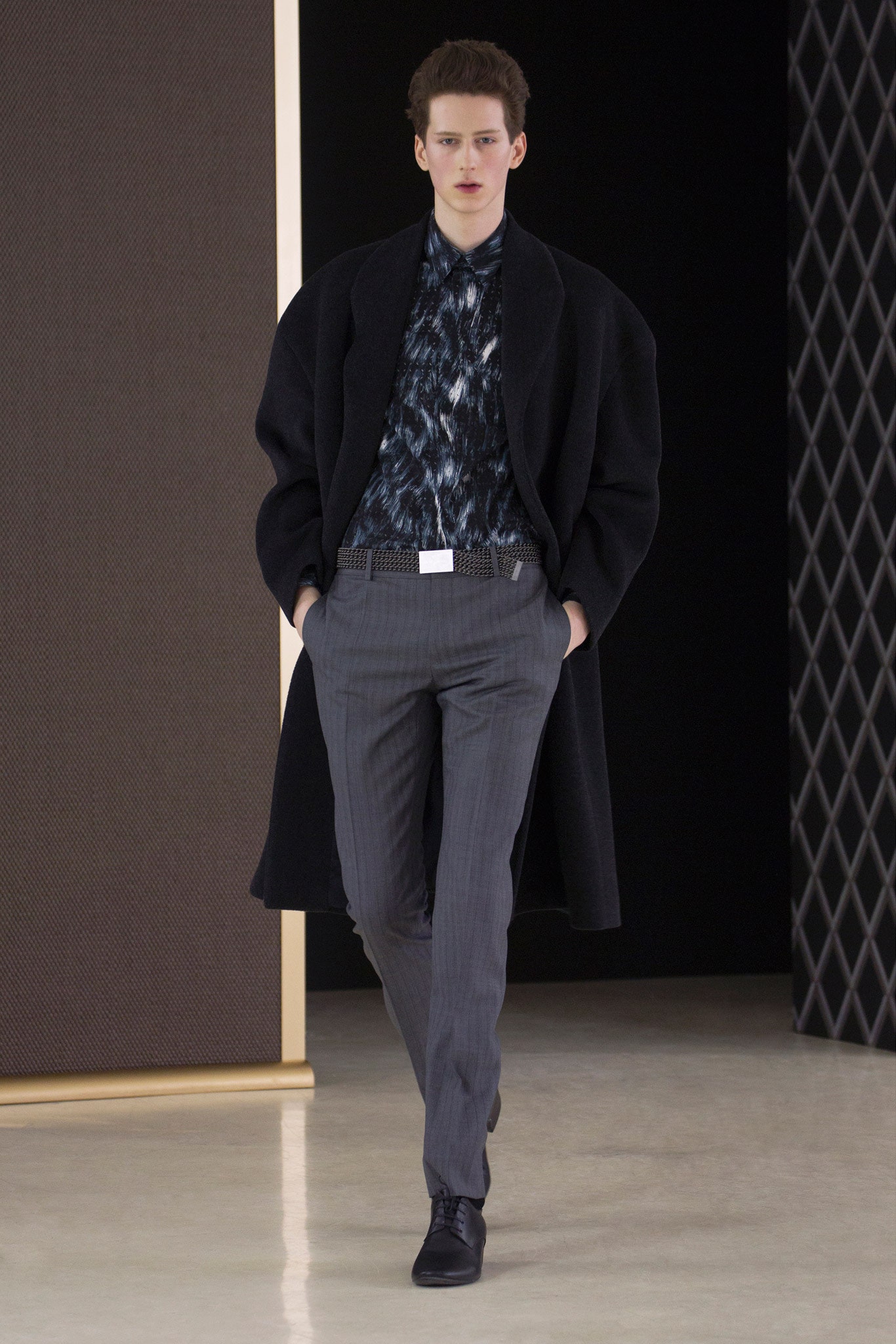 black wool coat blue shirt gray pants