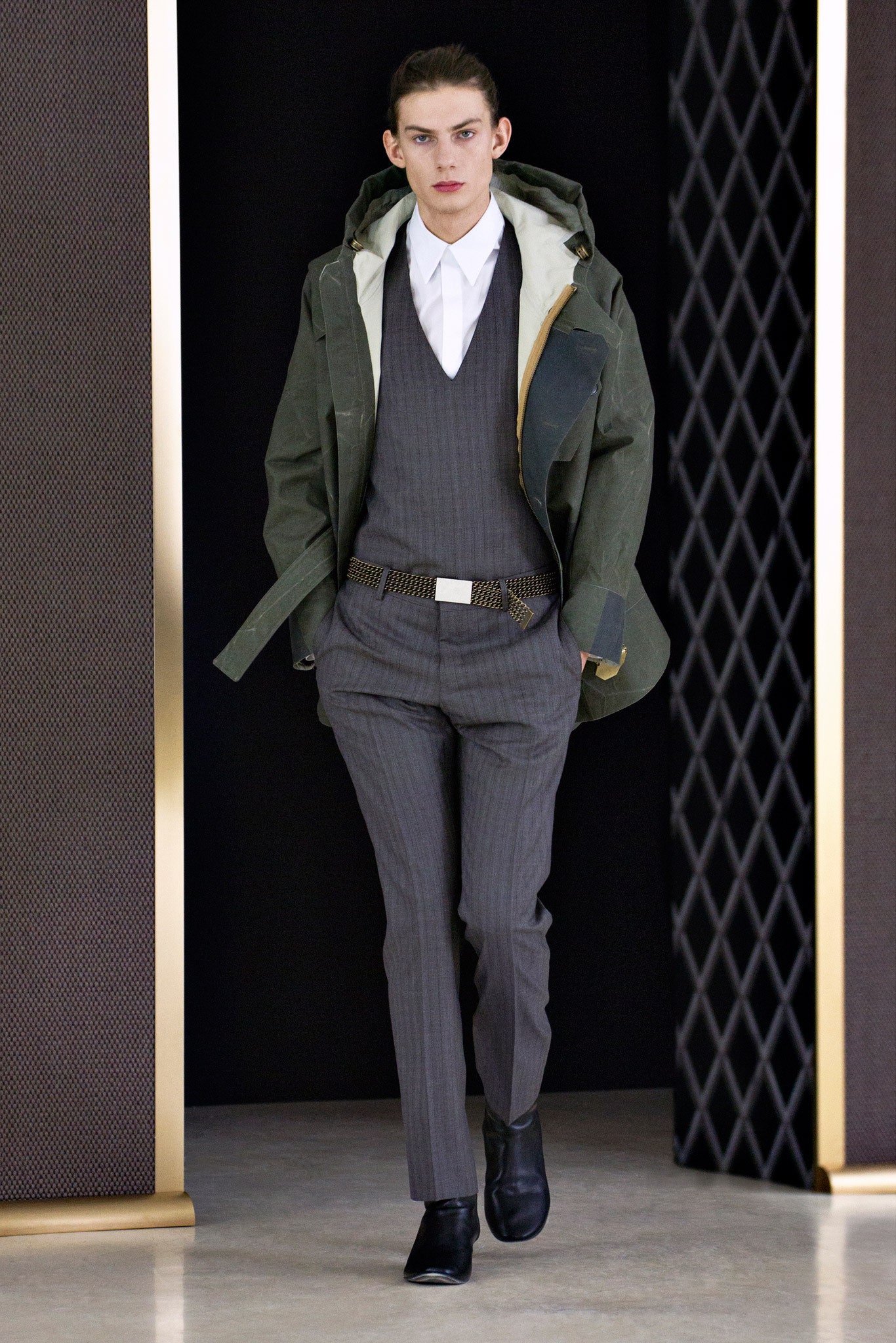 green jacket gray vest outfit