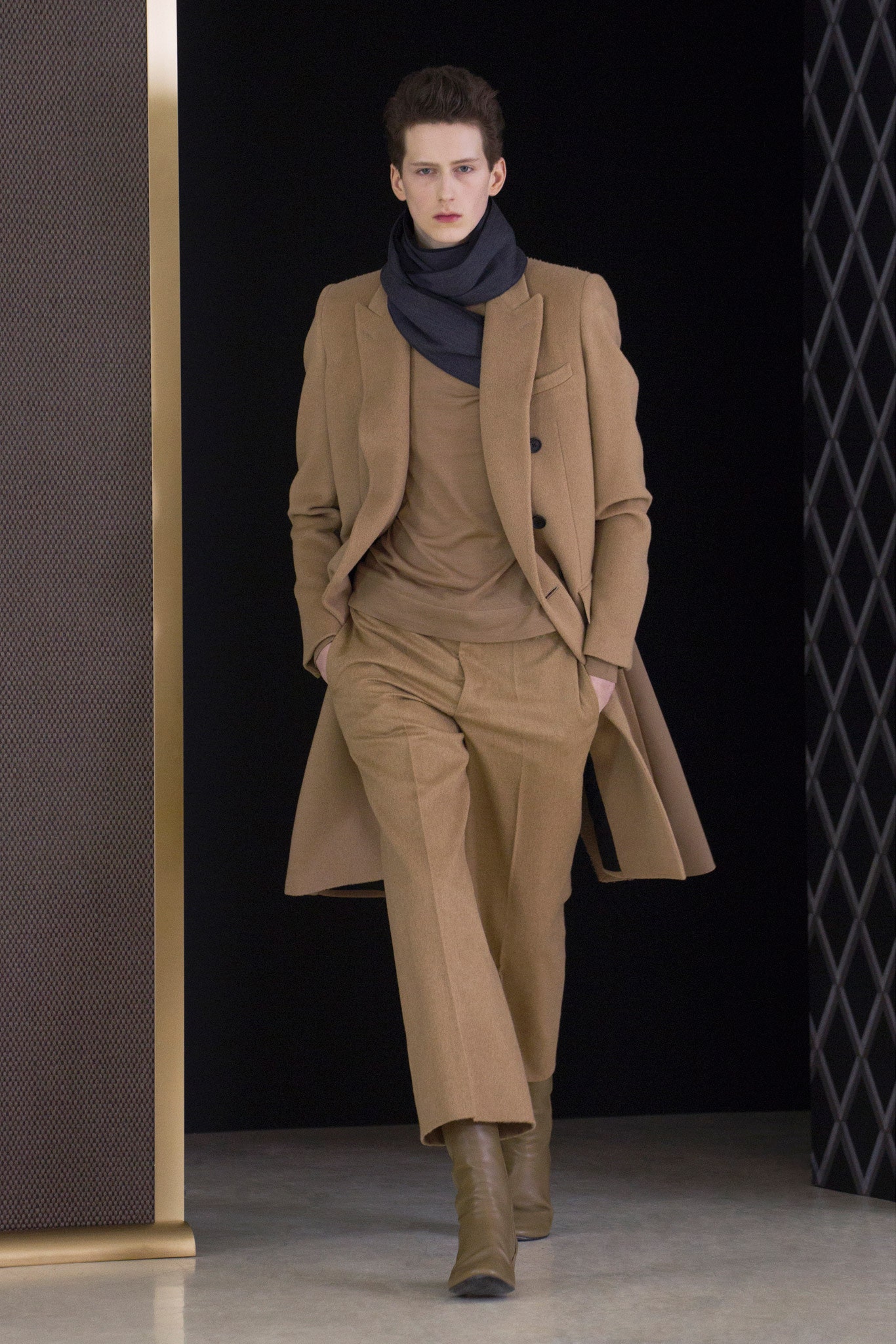 brown wool tailored coat with beige top