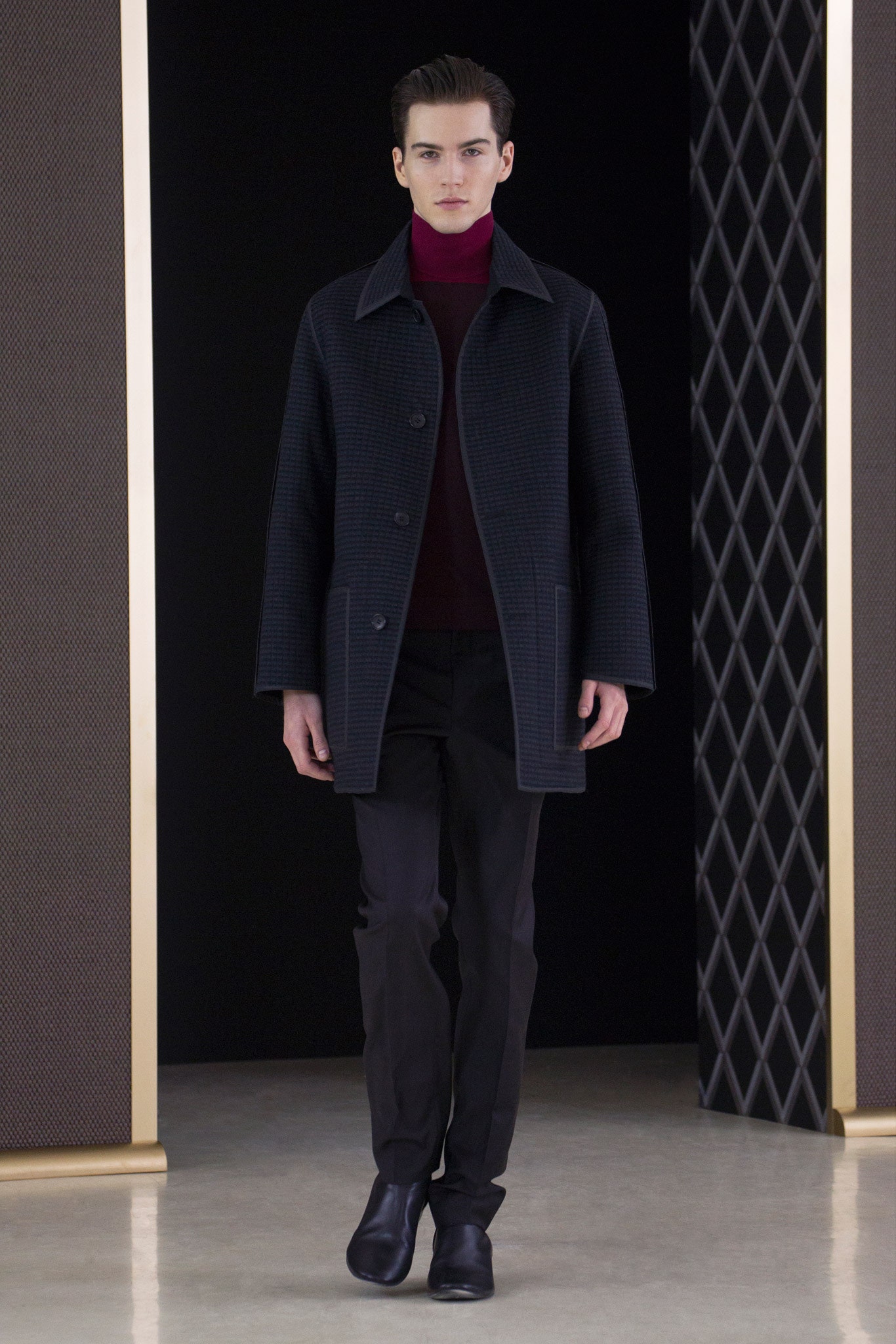 black wool coat with red turtleneck
