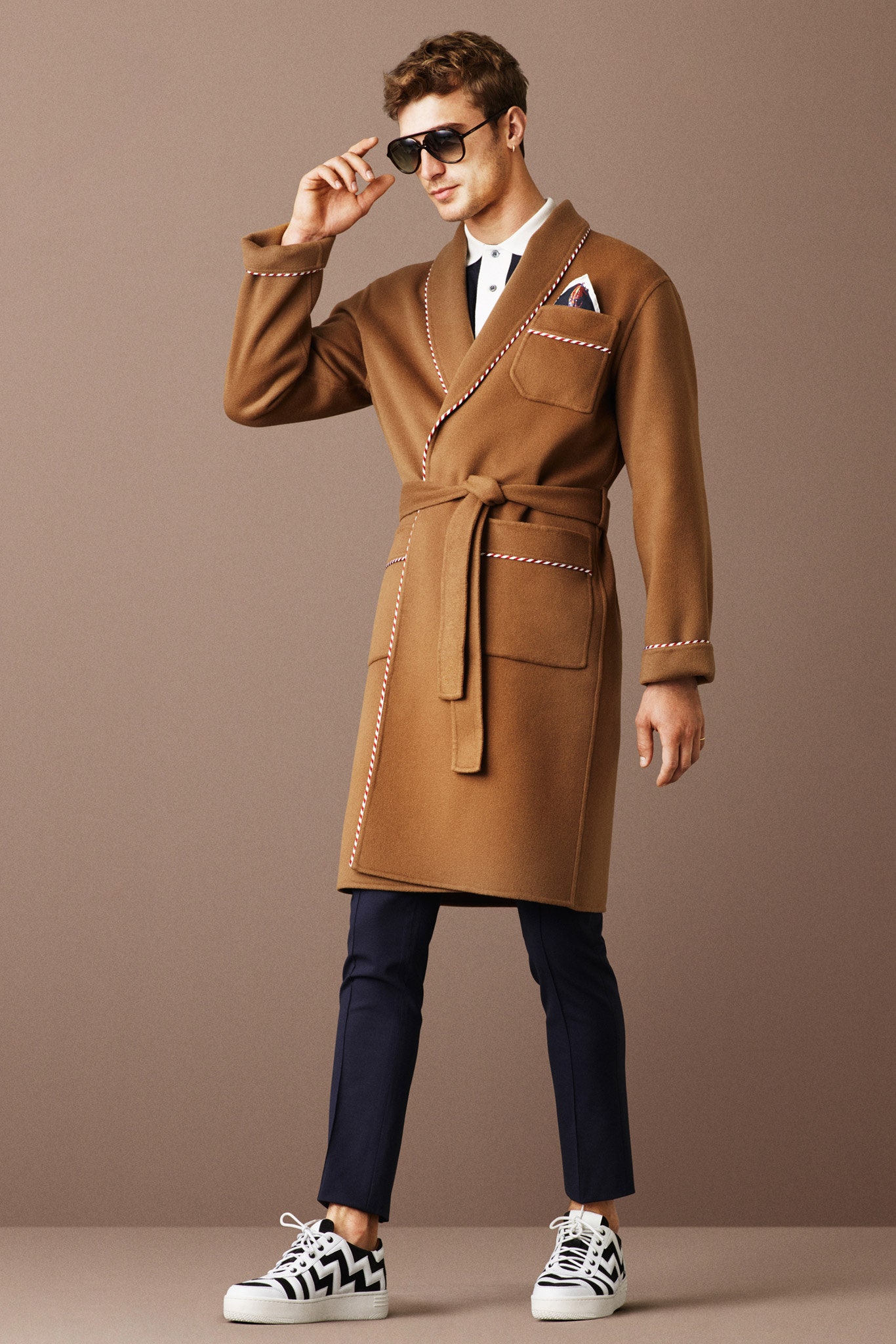 brown wool coat with slim pants