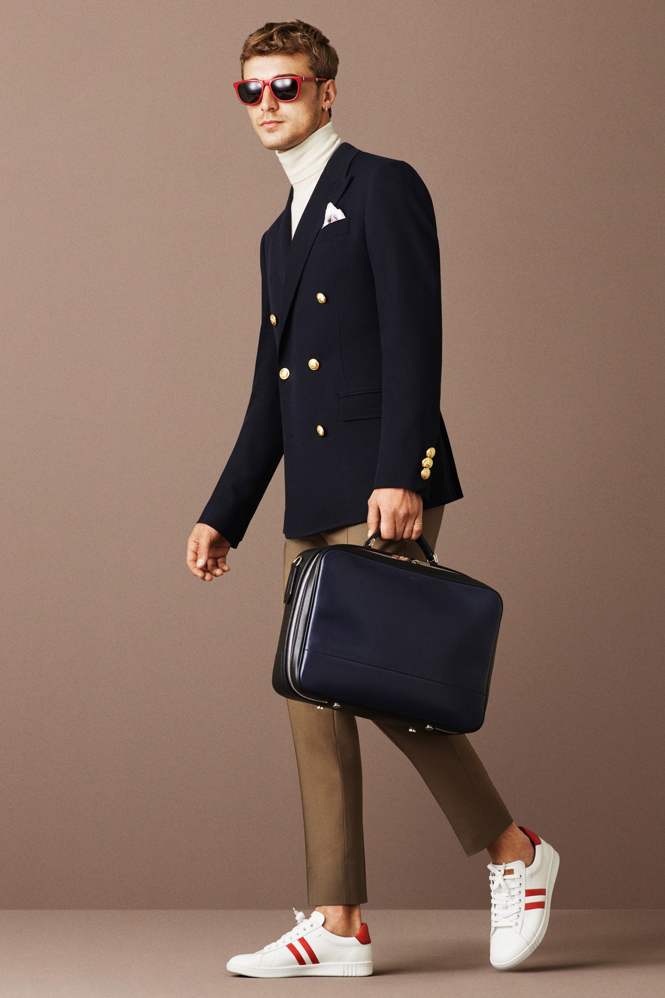 navy tailored blazer with turtleneck