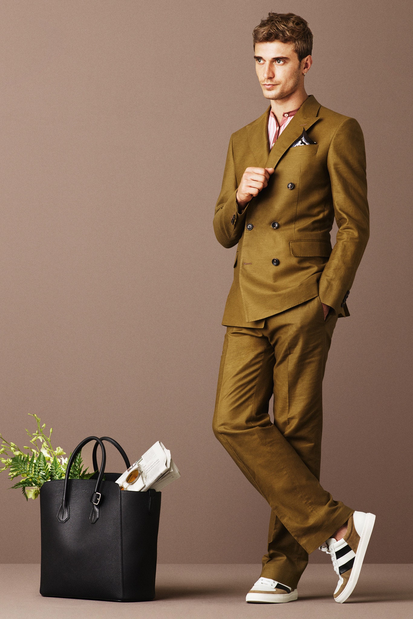 brown tailored suit with white shirt