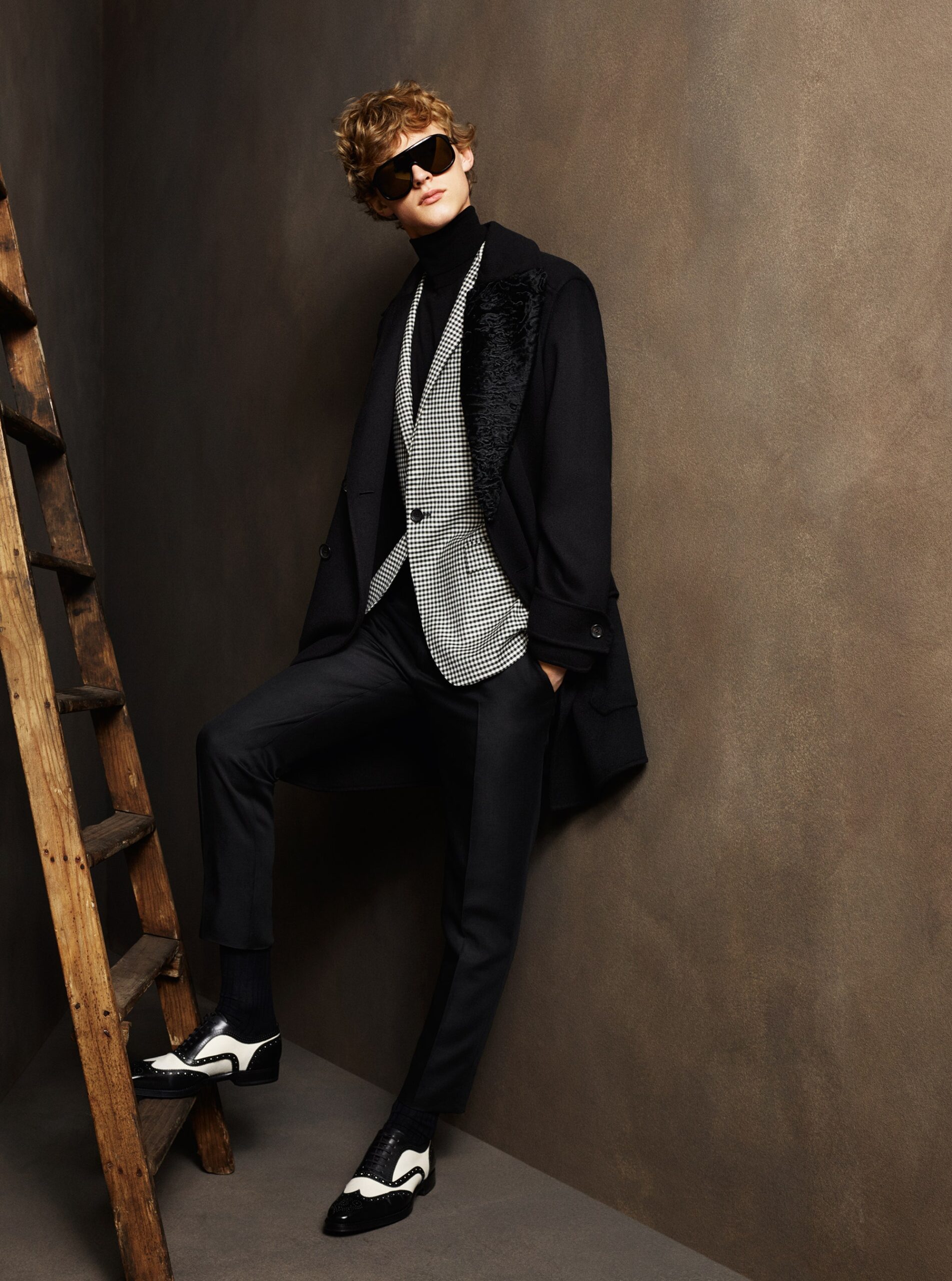 black coat with checked blazer