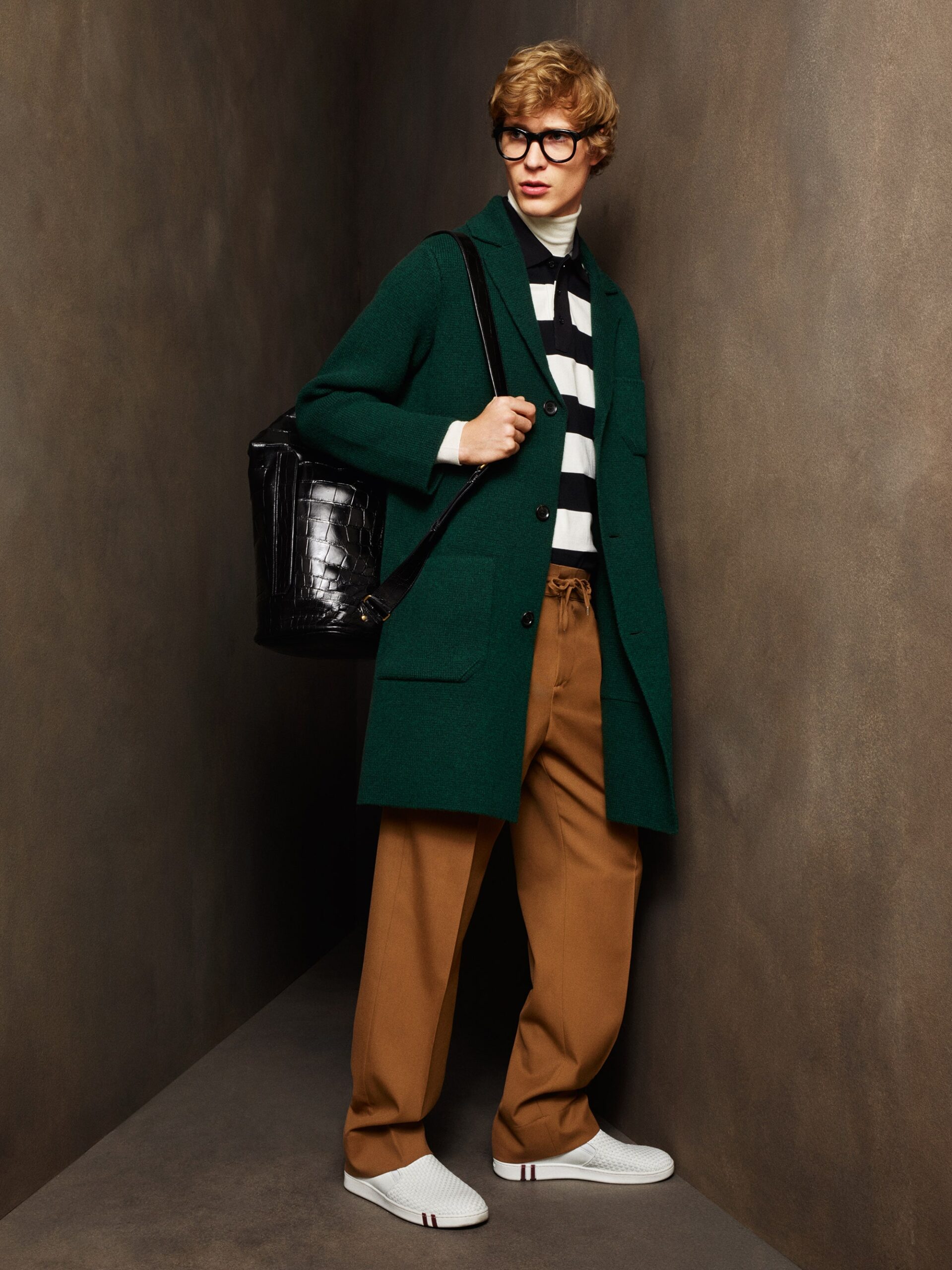 green wool coat with striped shirt