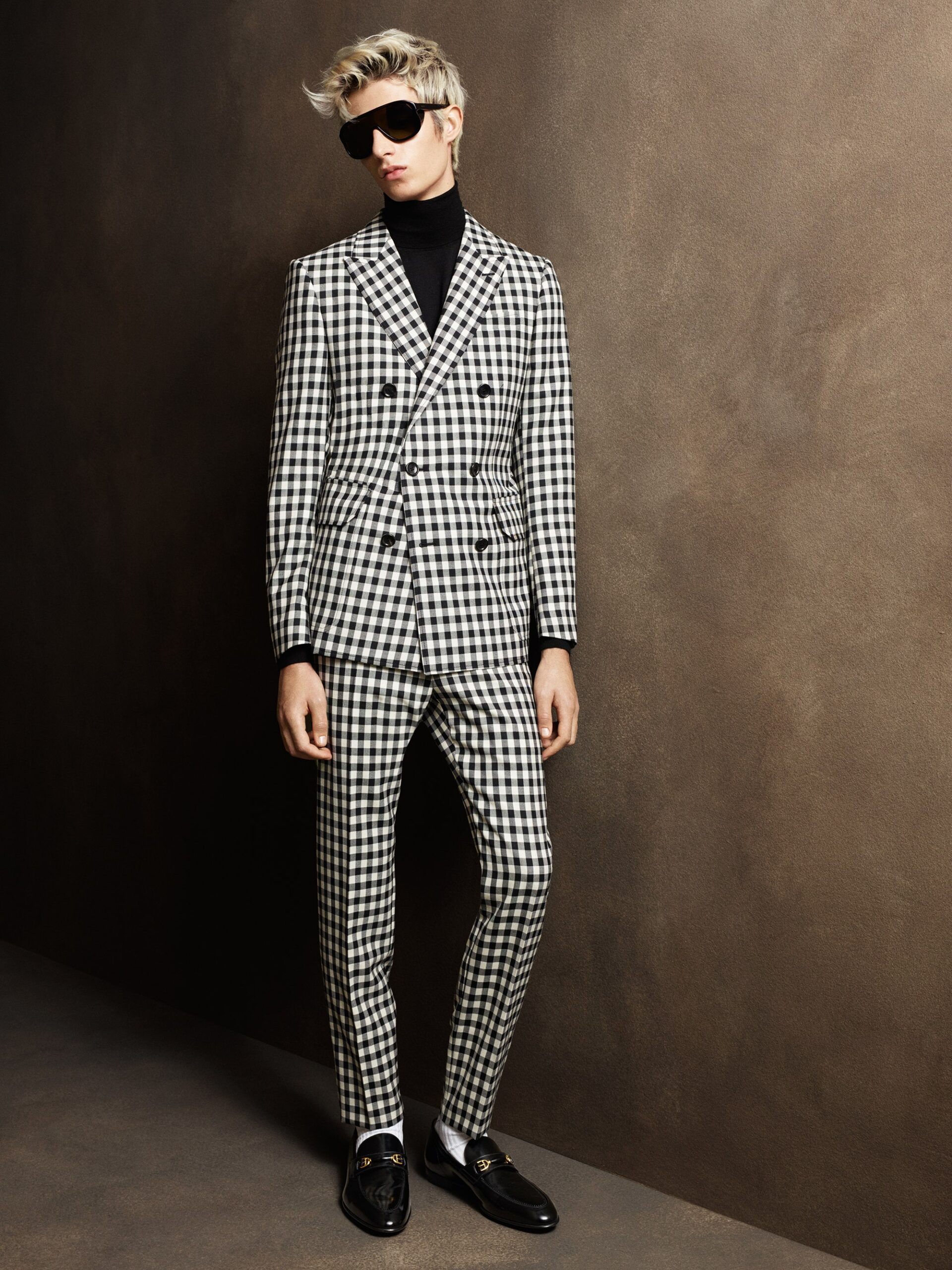black and white checked suit