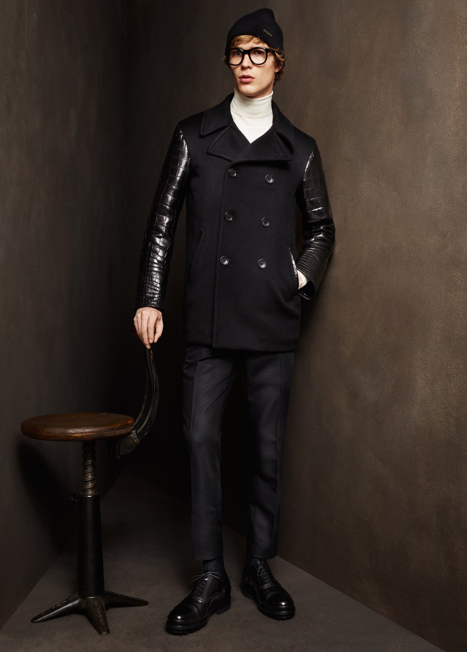 black wool coat with turtleneck