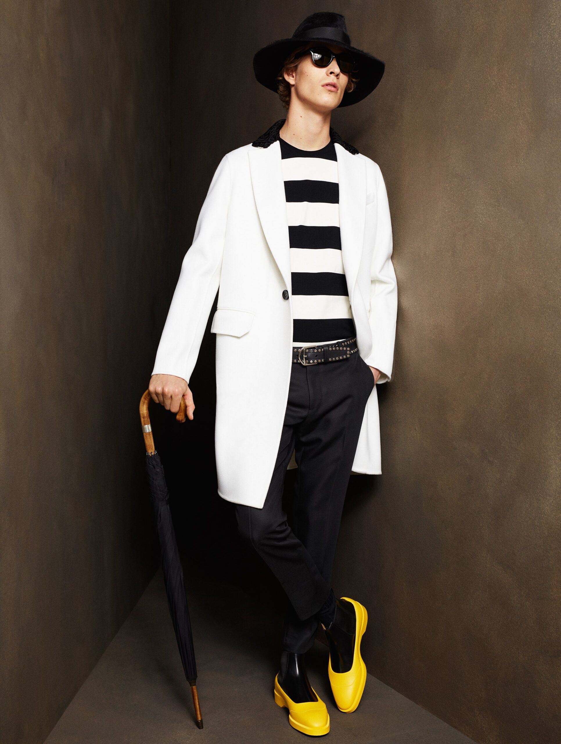 white tailored coat with striped shirt