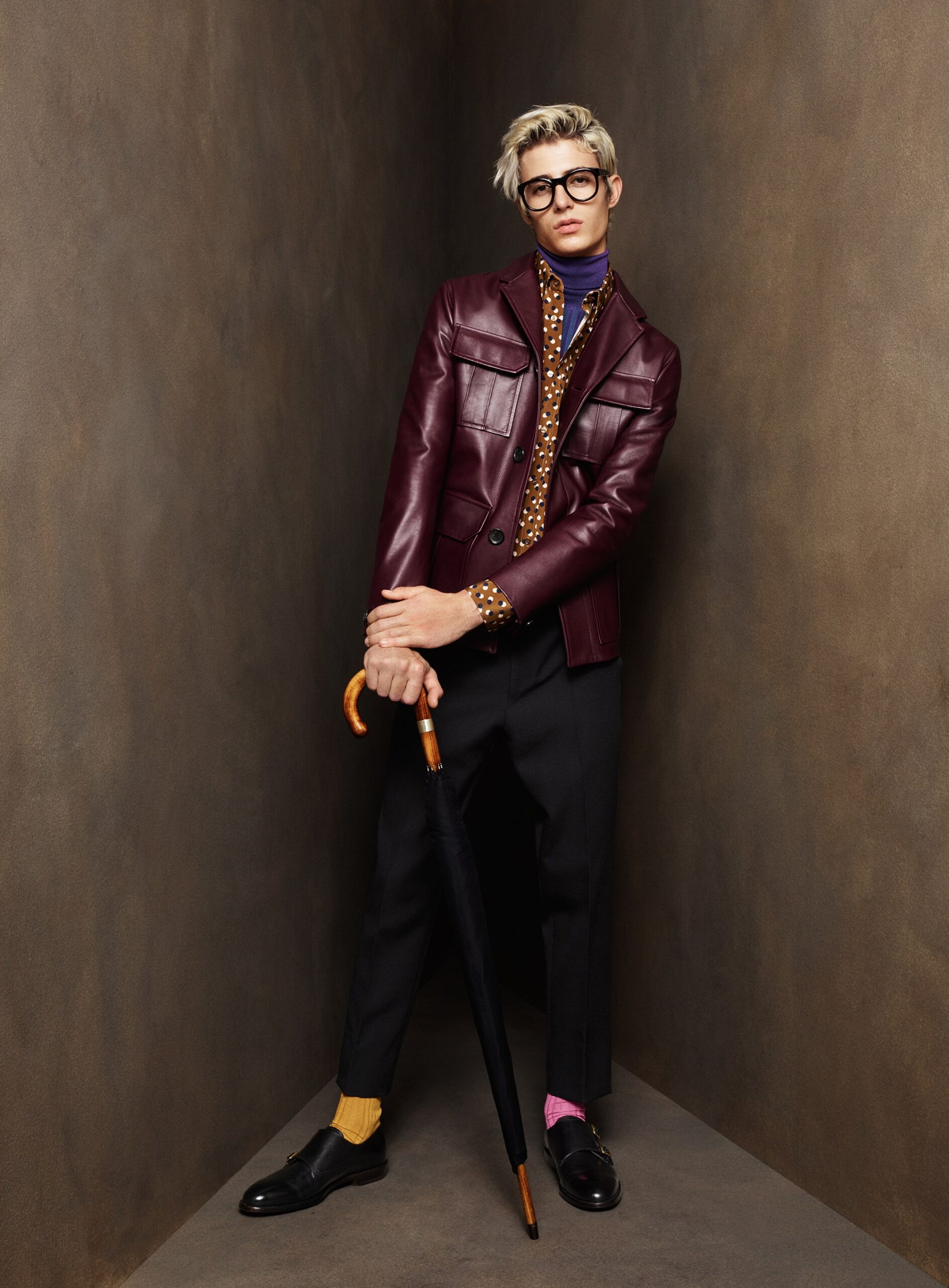 maroon leather jacket with tailored pants