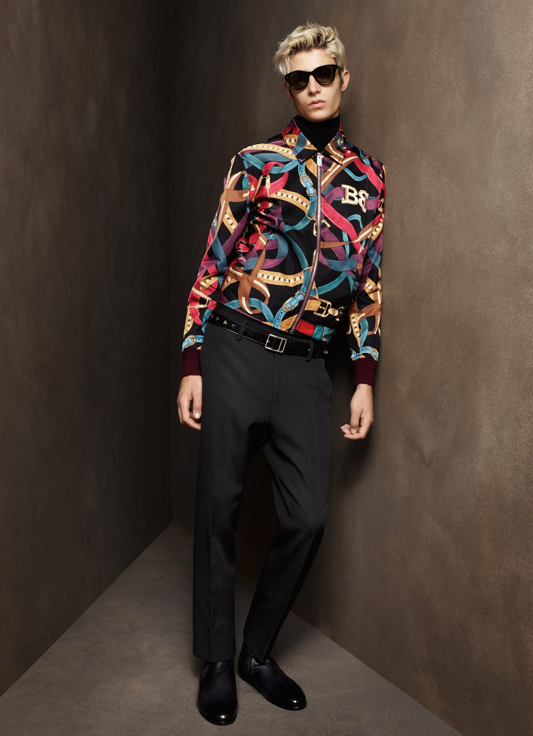 multi-colored silk jacket with tailored pants