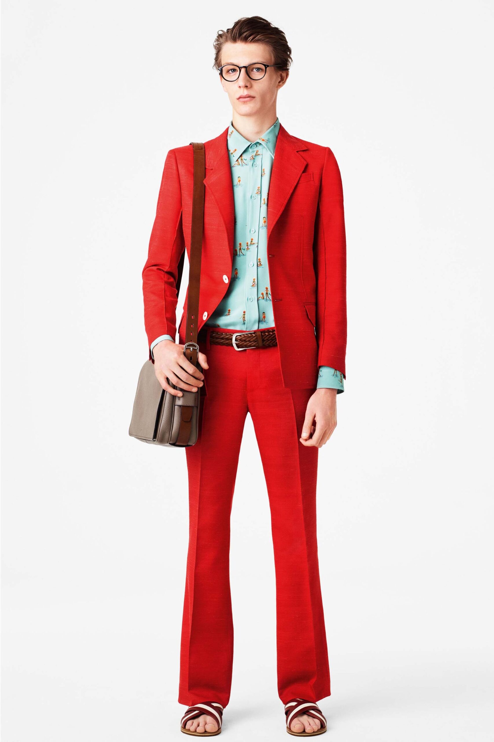 red cotton long-sleeve collared tailored flared suit