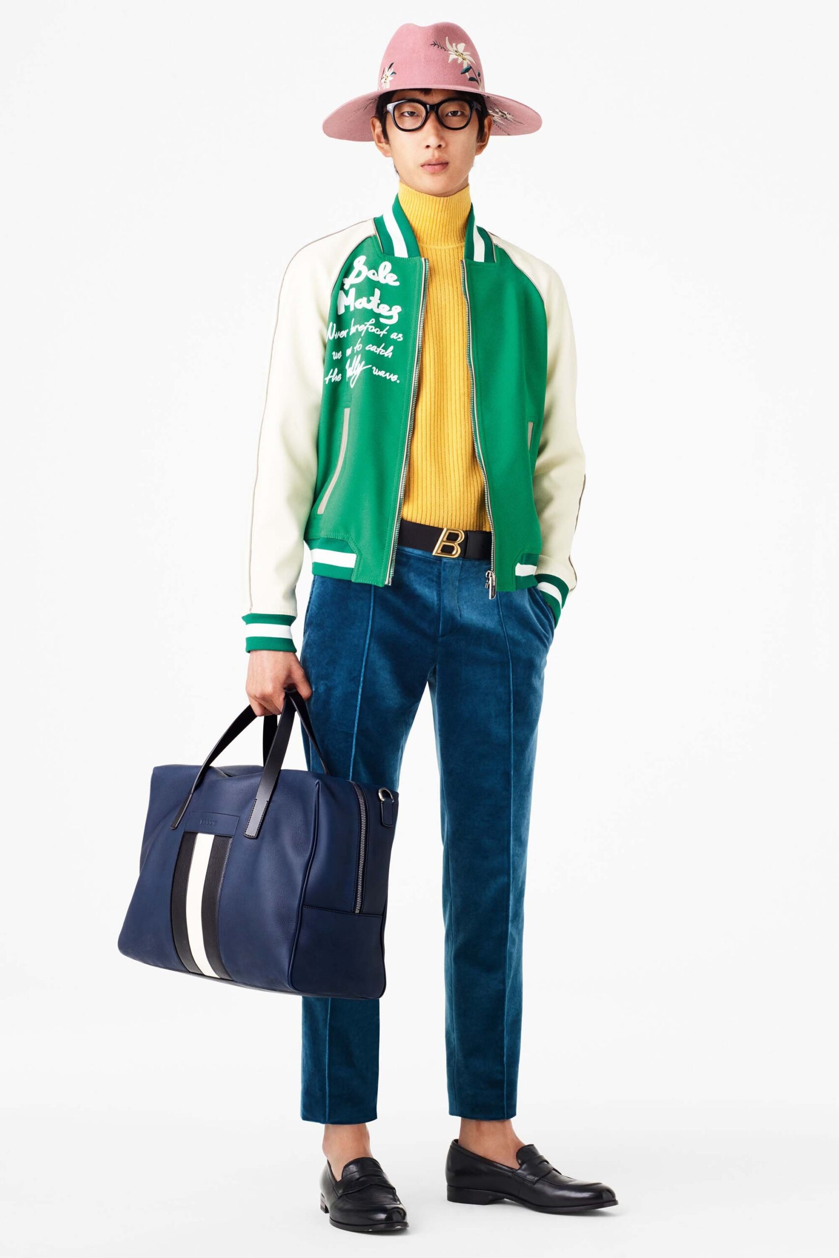 green leather jacket with yellow sweater
