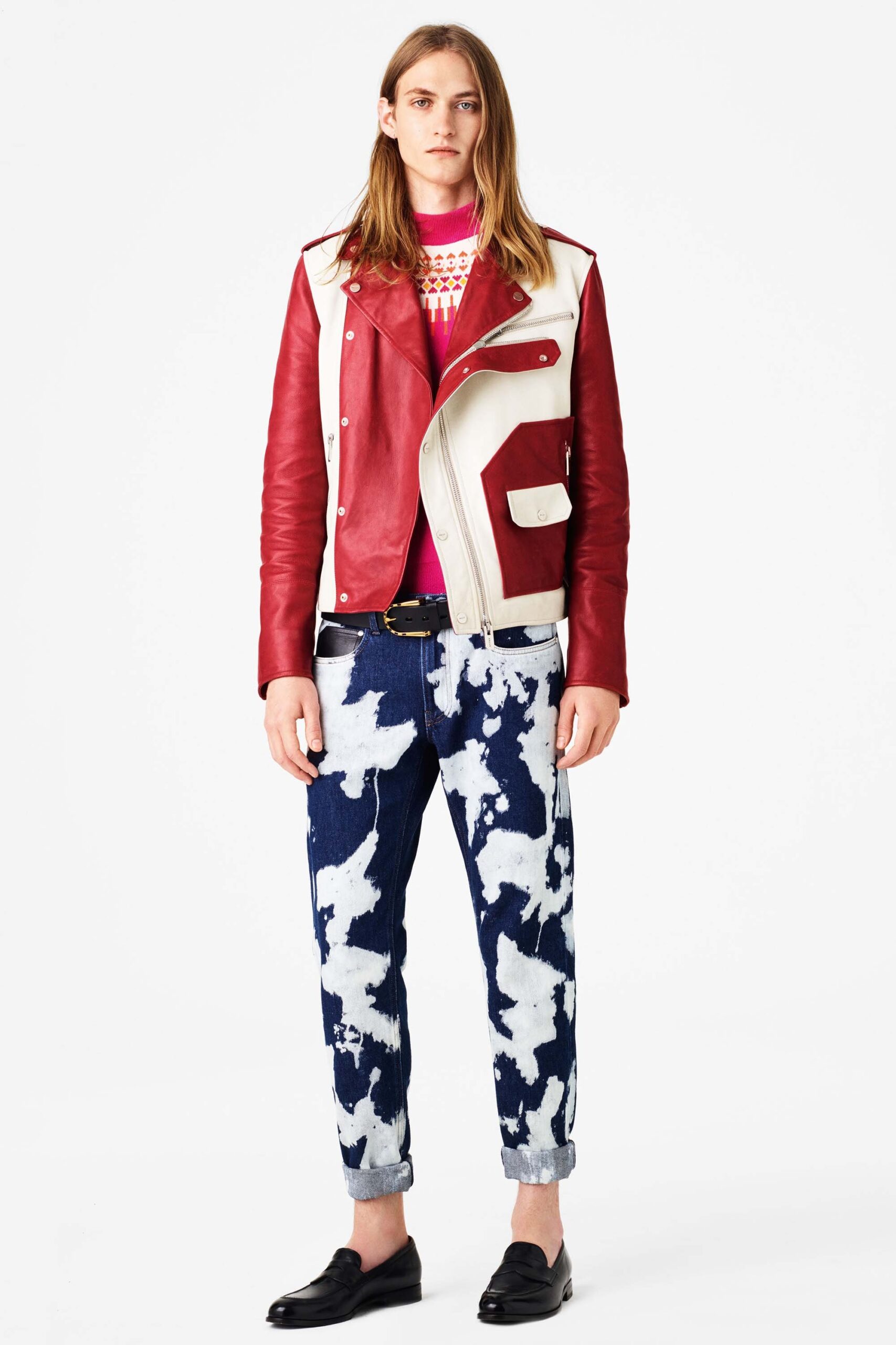 red leather jacket with pink top