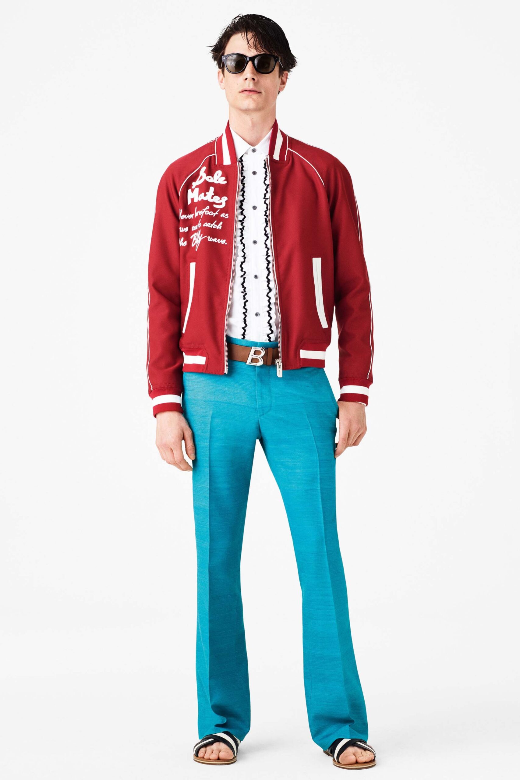 red jacket white shirt blue pants