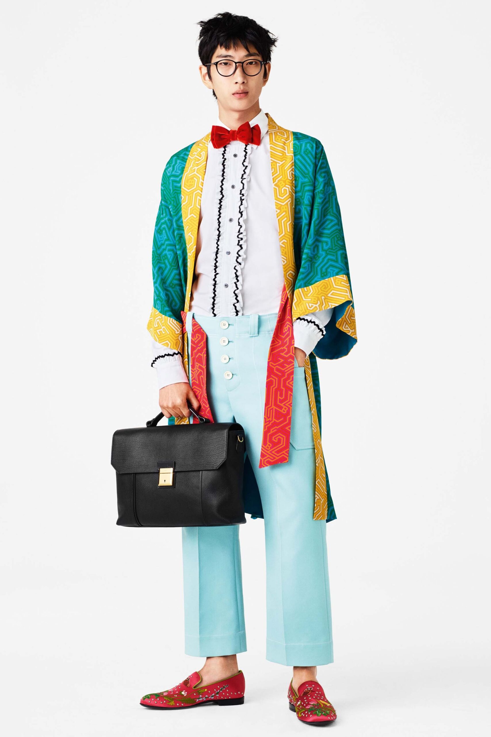 colorful printed coat with tailored pants