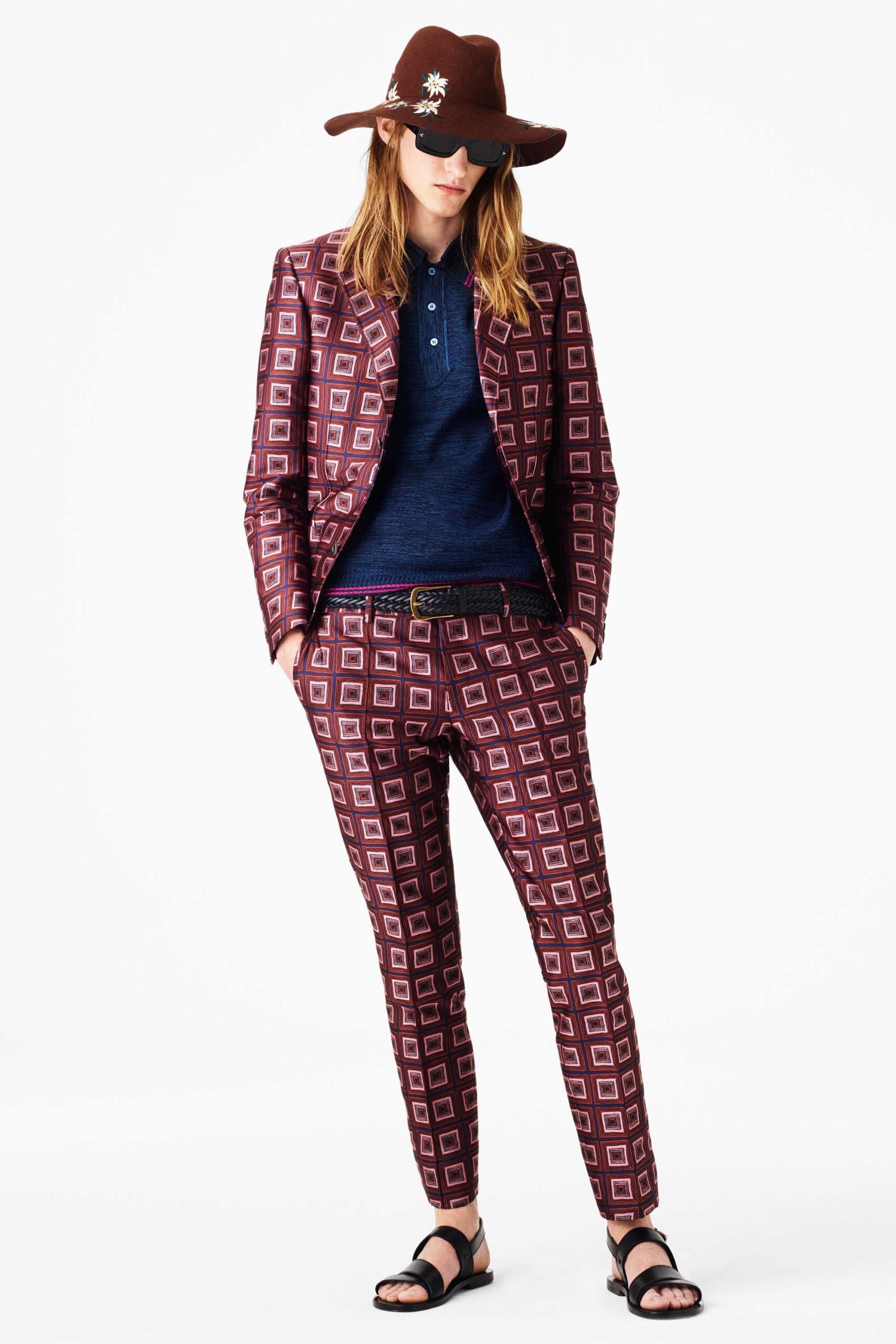 red and white printed suit