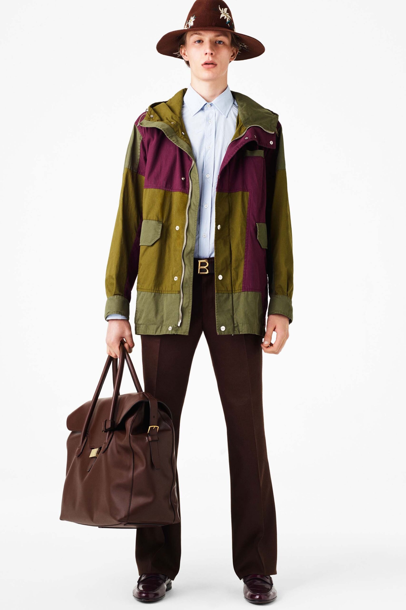 color-blocked jacket with brown pants