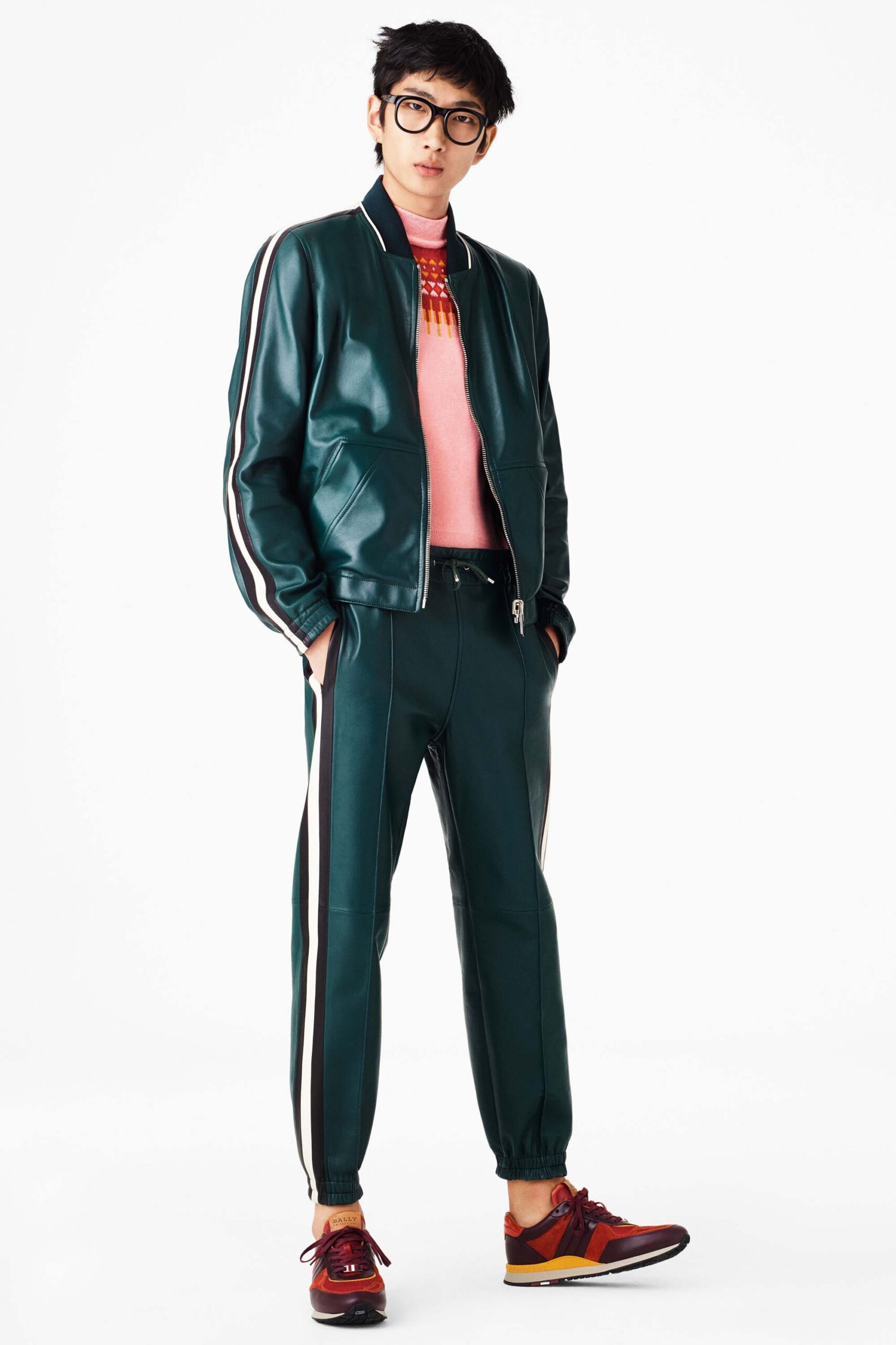 green vinyl long-sleeve collared fitted zippered shiny jacket