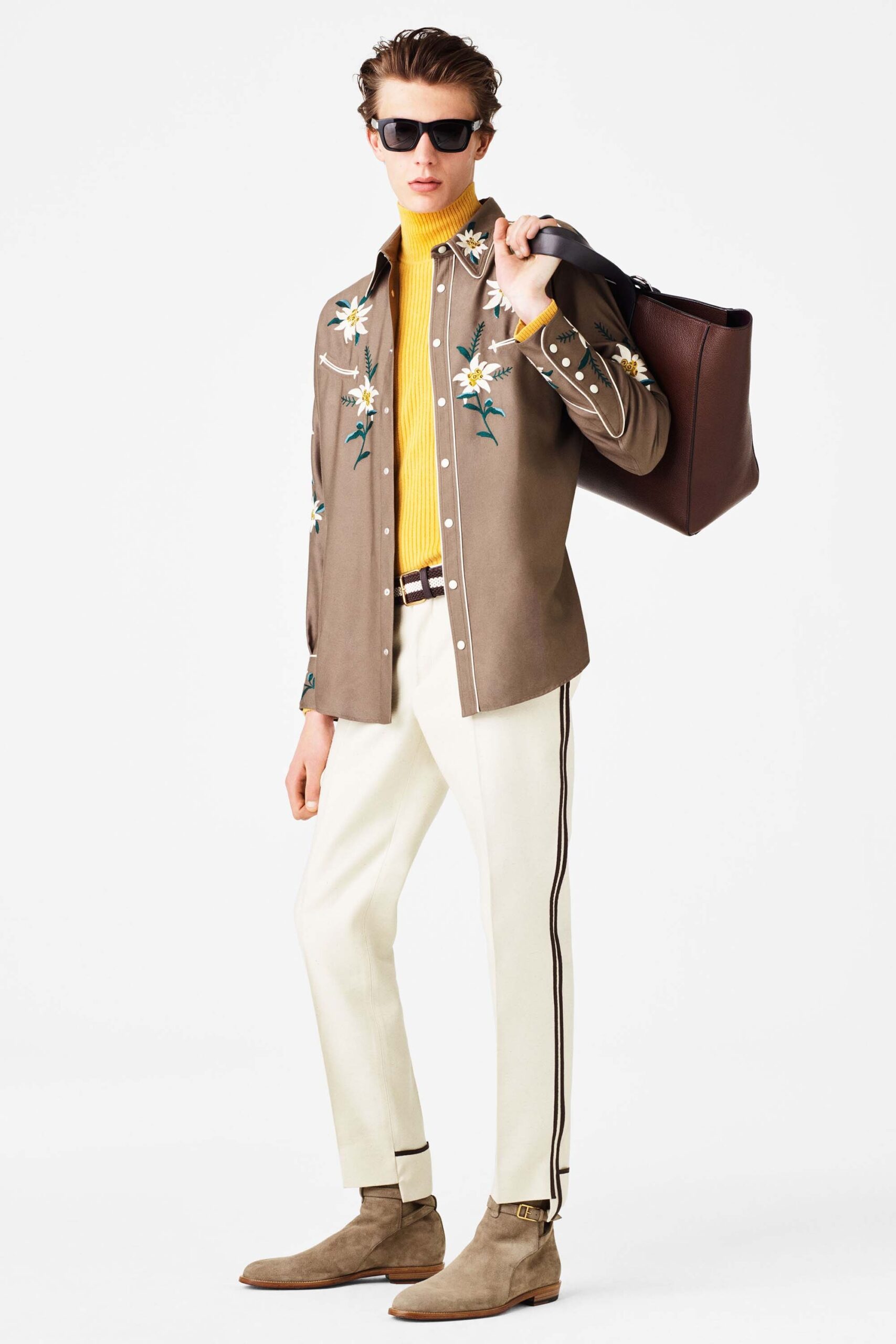 brown cotton long-sleeve collared fitted embroidered shirt