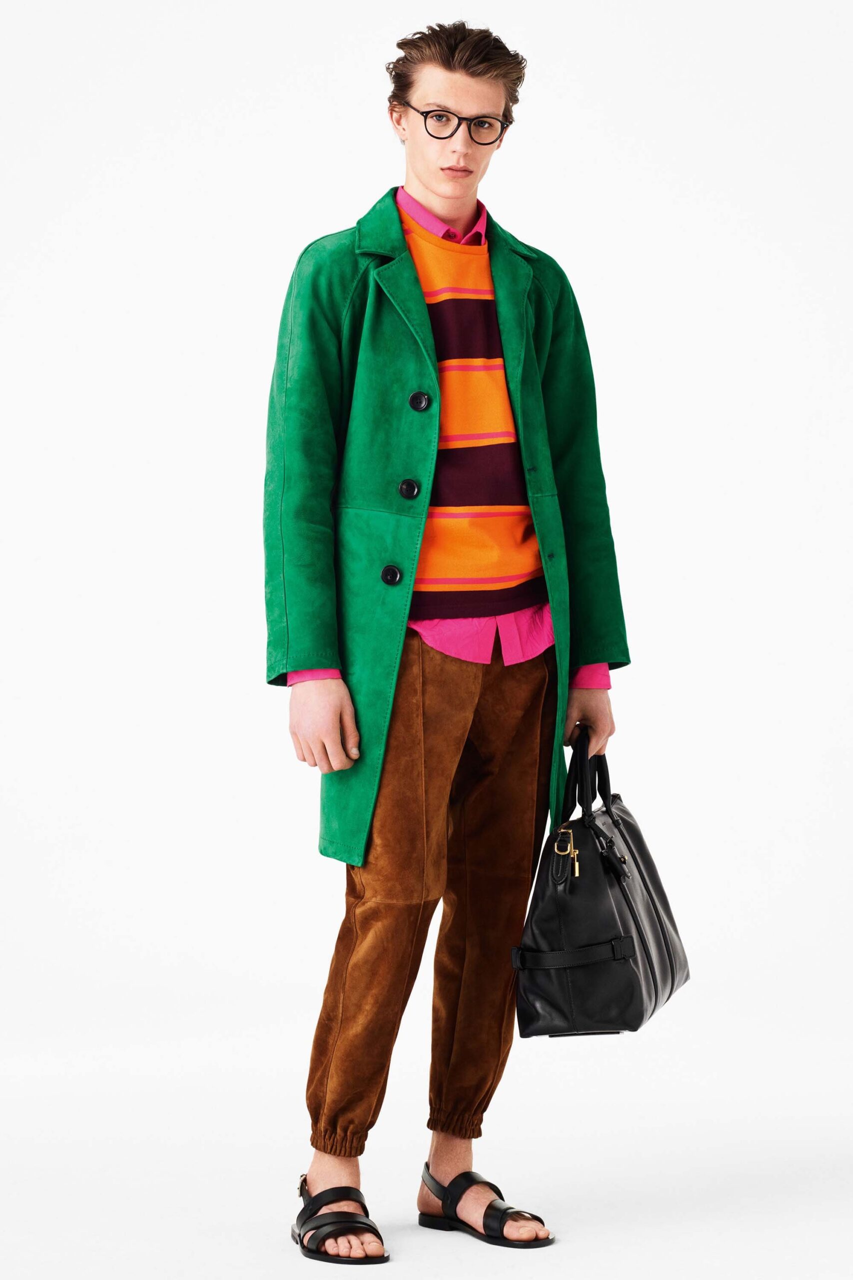 green suede coat with striped top
