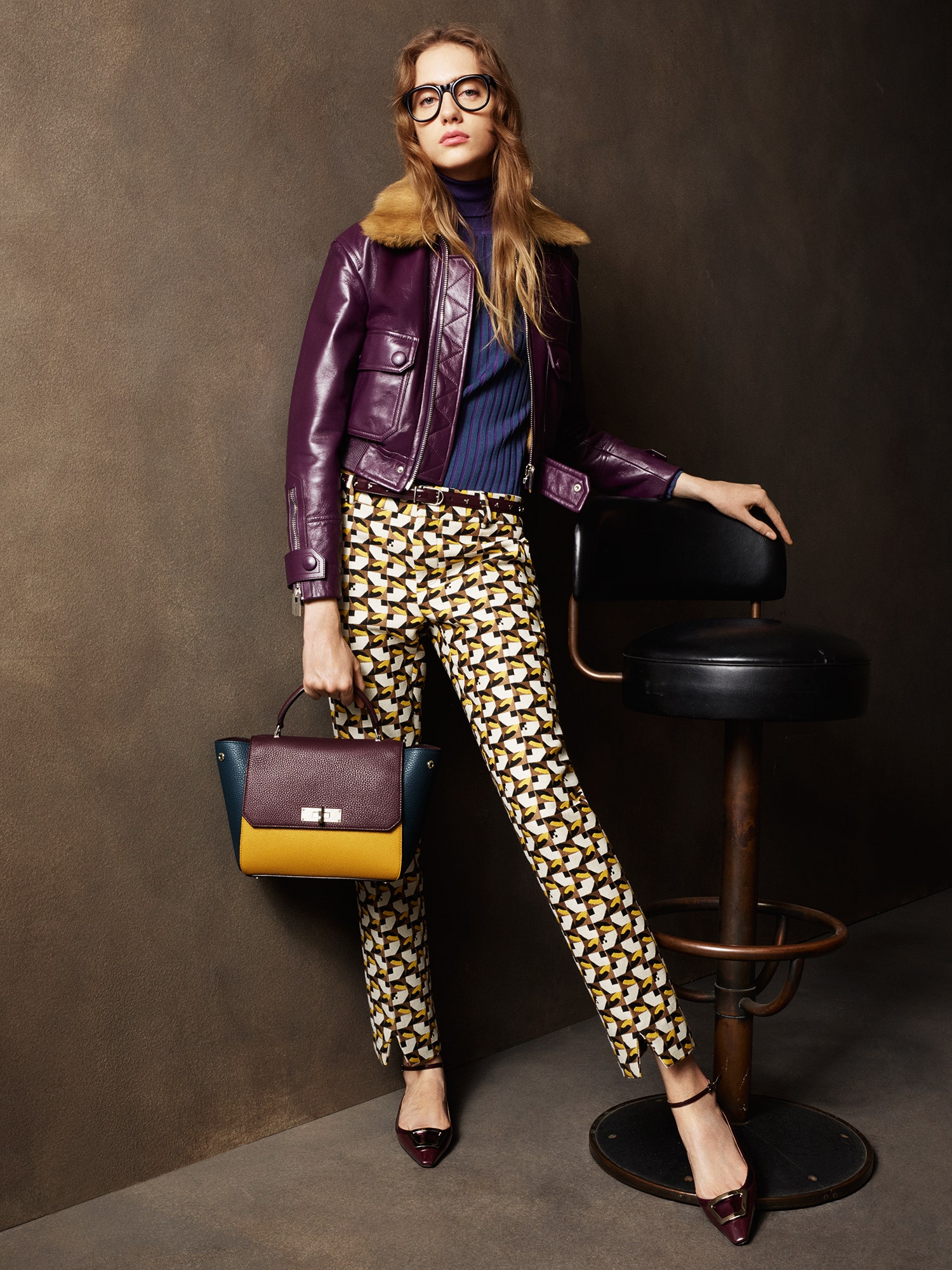 purple leather long-sleeve collared fitted zippered jacket