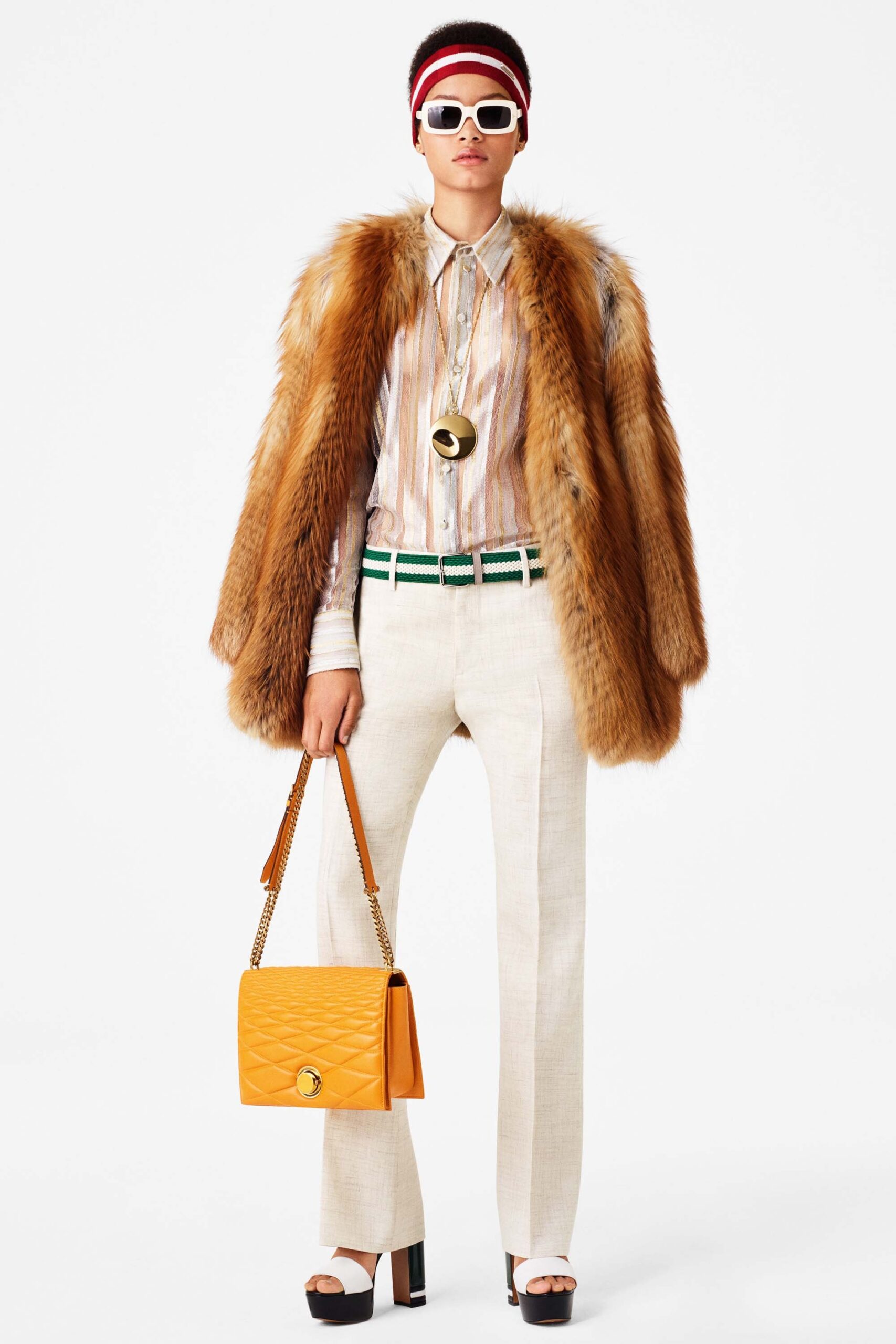 brown fur coat with striped shirt