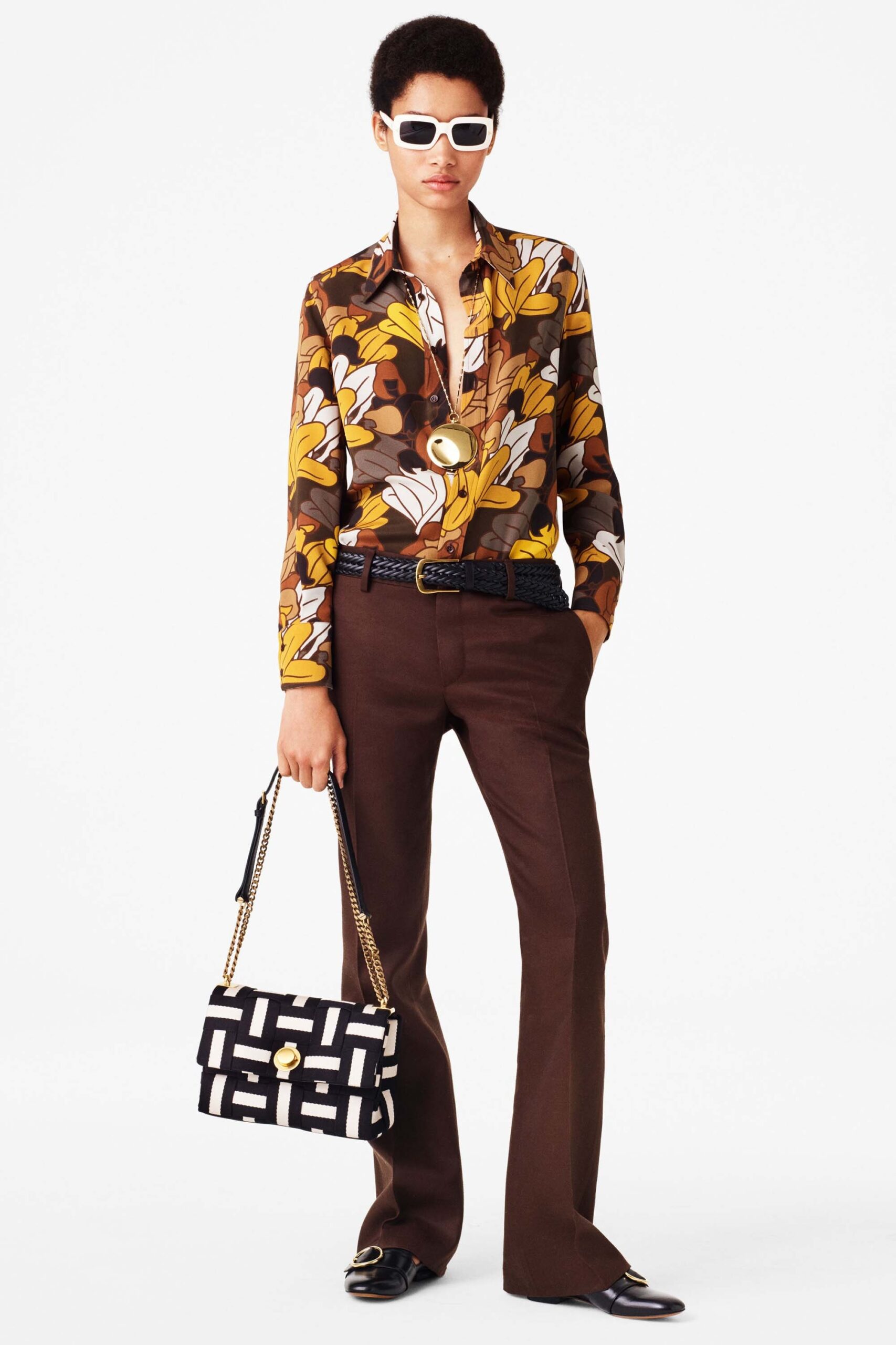 floral brown shirt with flared pants