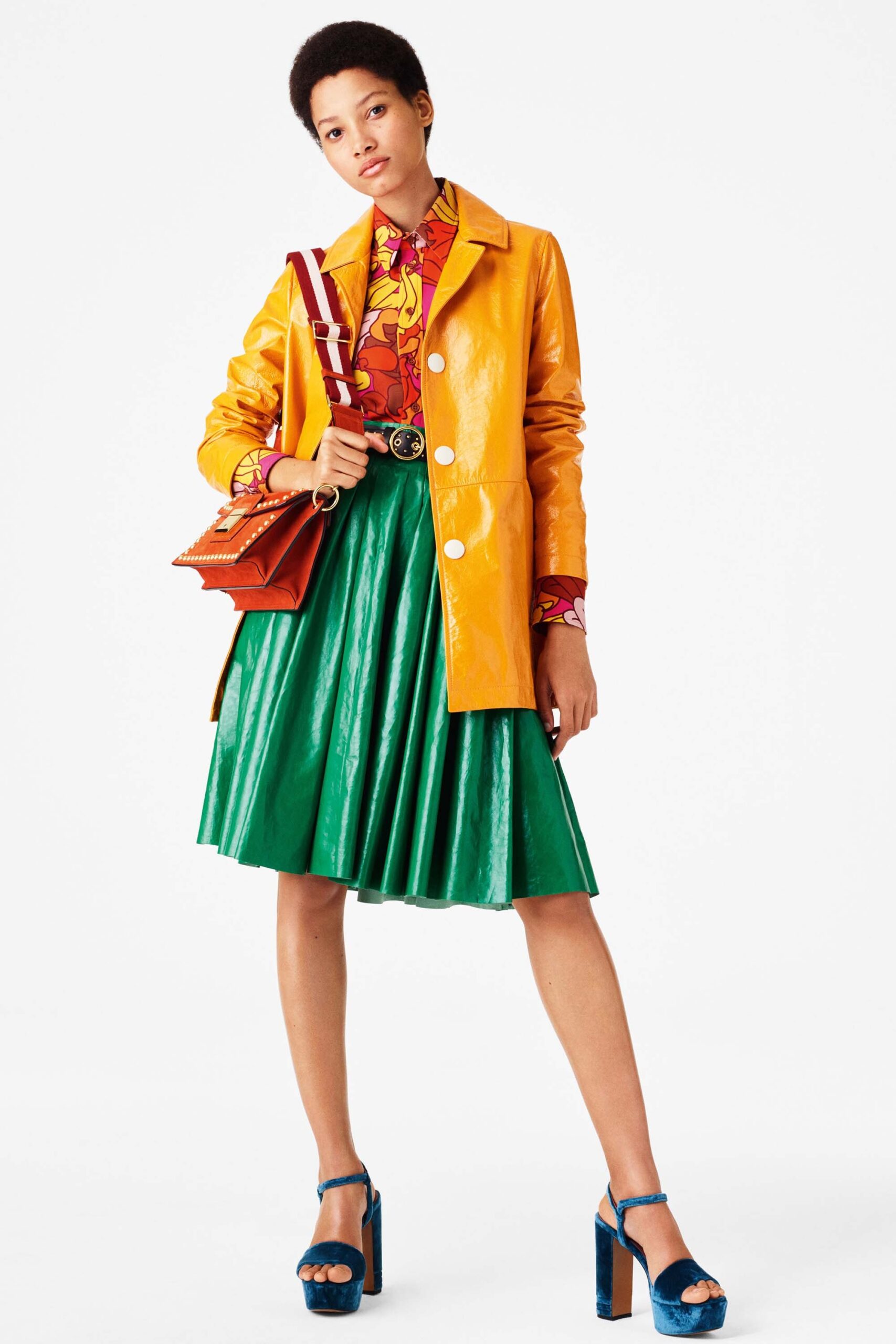 orange vinyl long-sleeve collared fitted buttoned shiny jacket