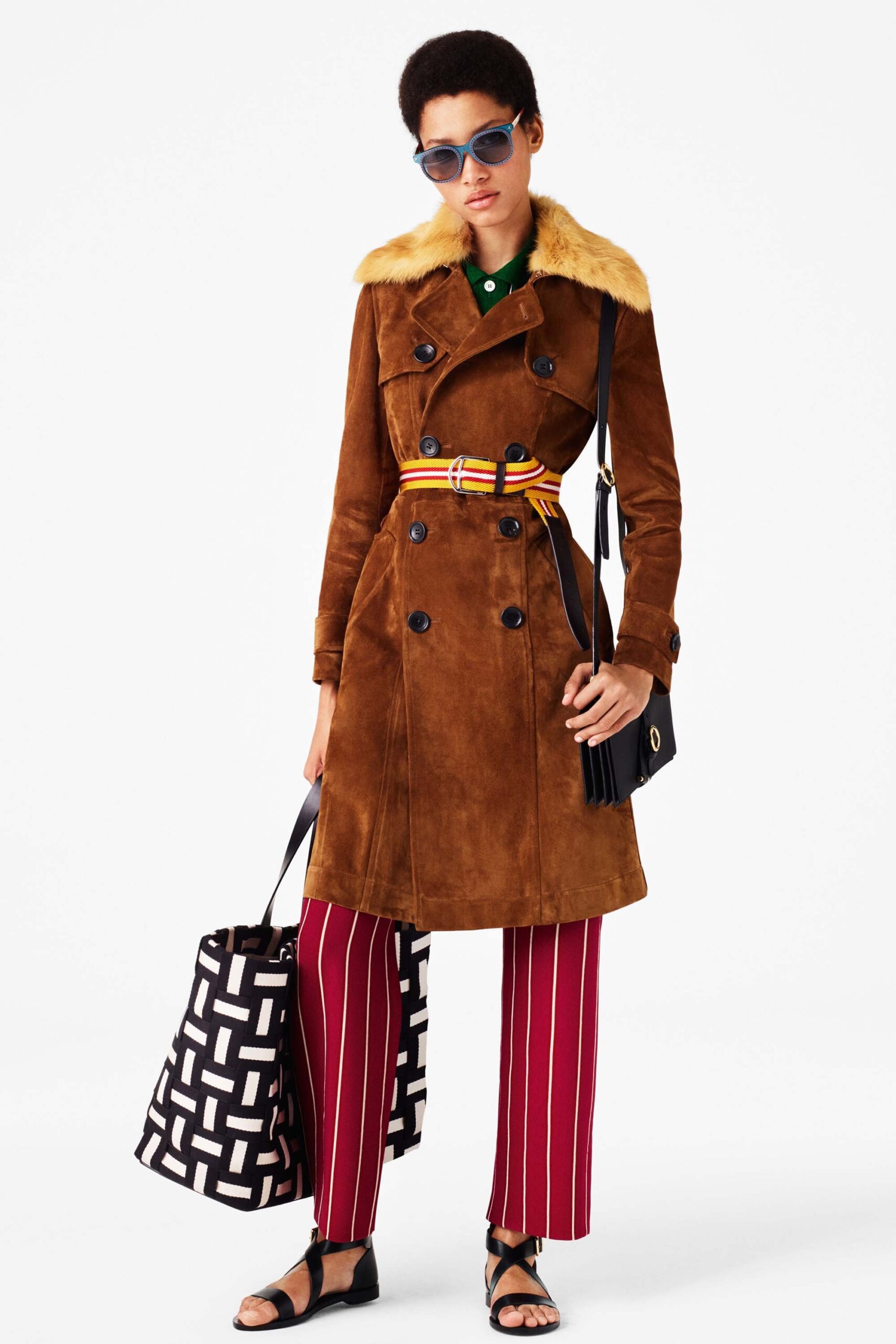 brown suede trench coat with striped pants