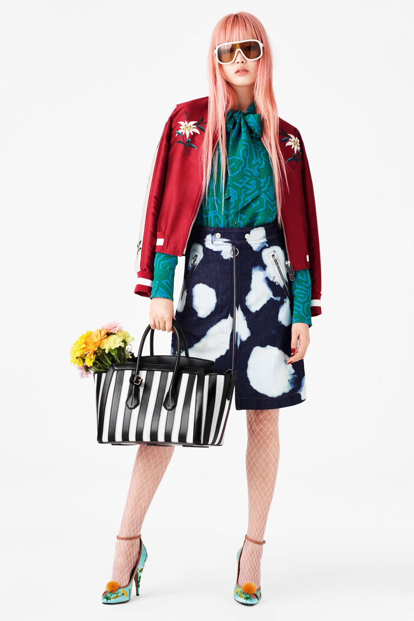 red jacket green blouse blue skirt